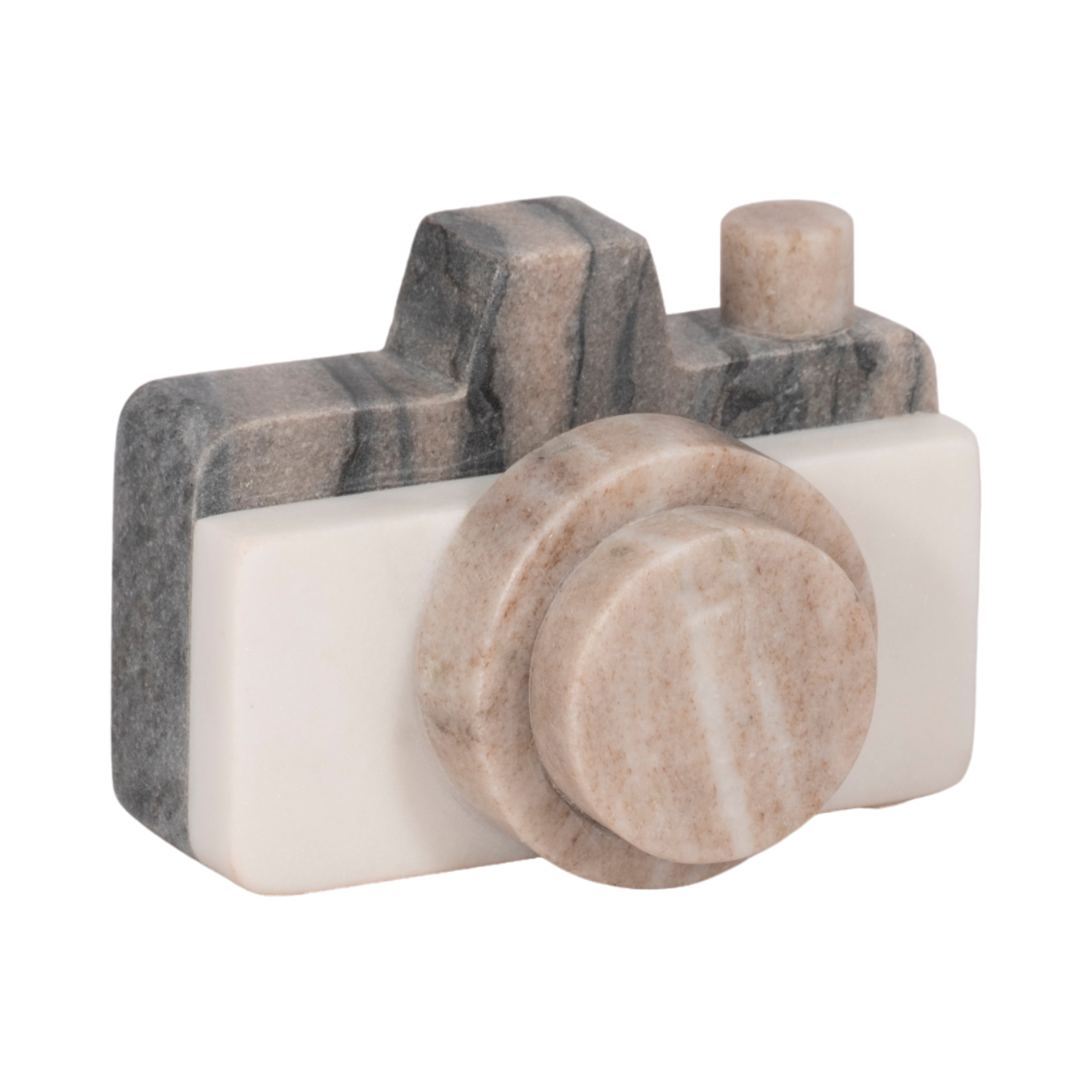 Marble-textured camera-shaped object on a white background