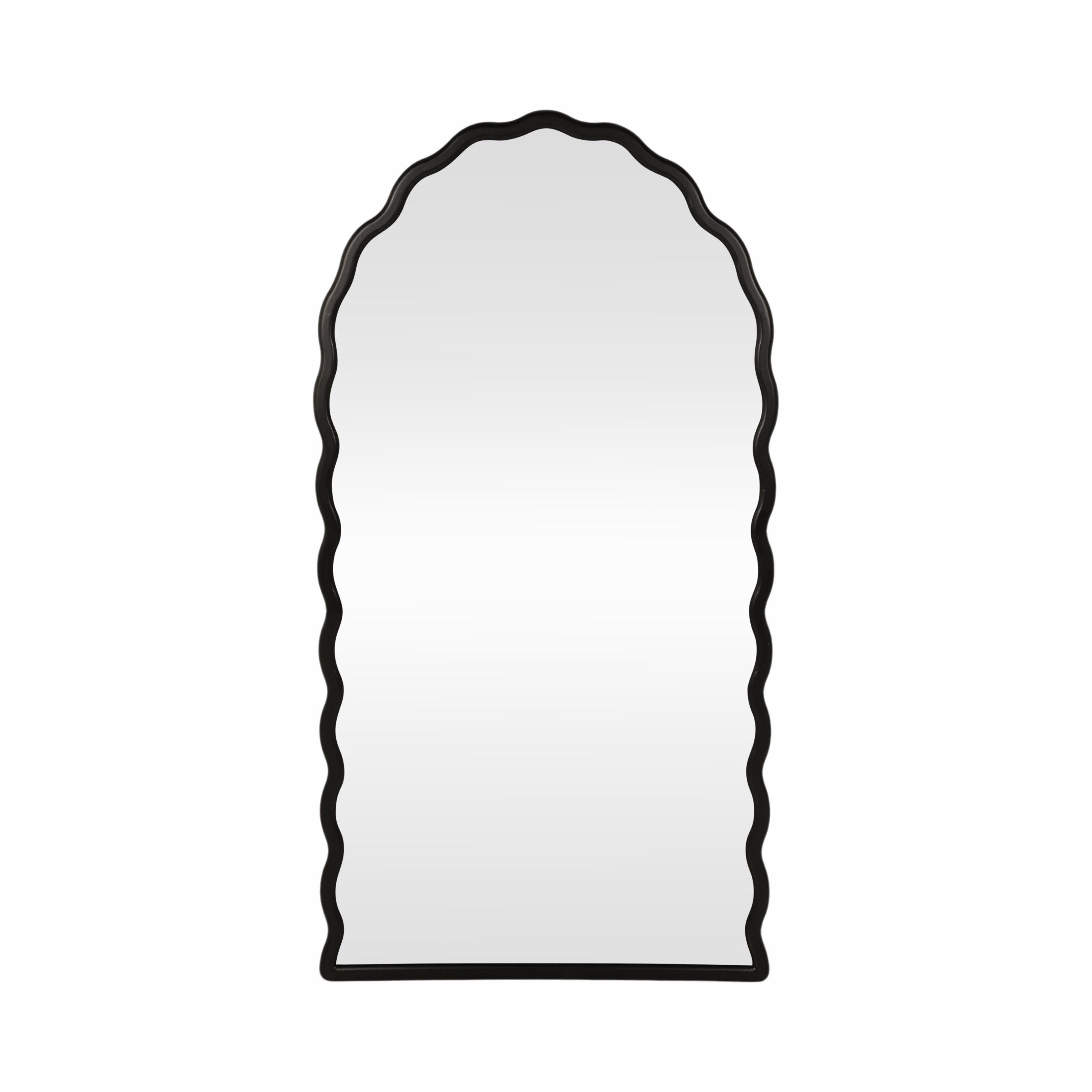 Decorative mirror with a black wavy frame on a white background