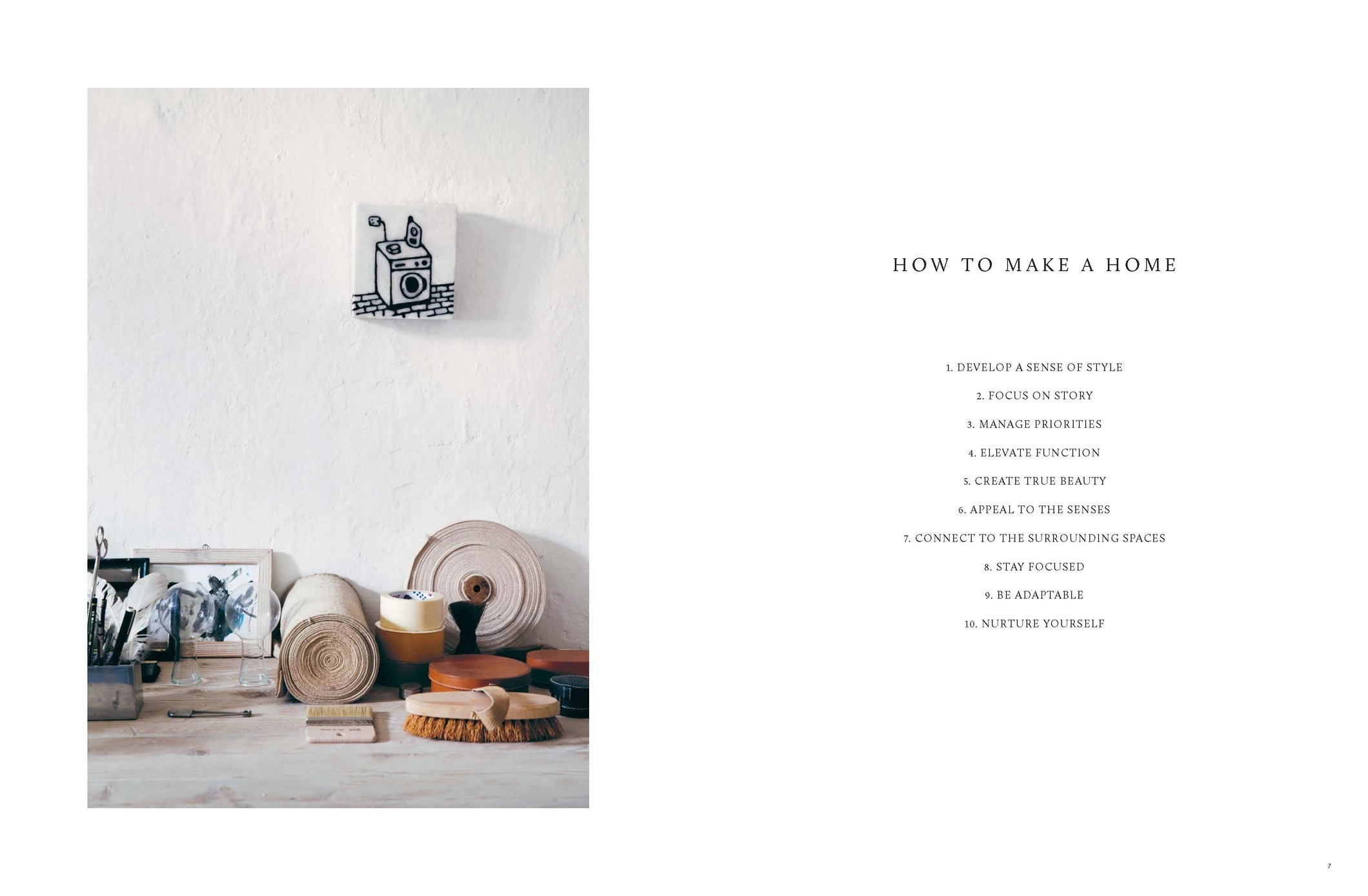Home decor items on a white surface with text overlay on a white background