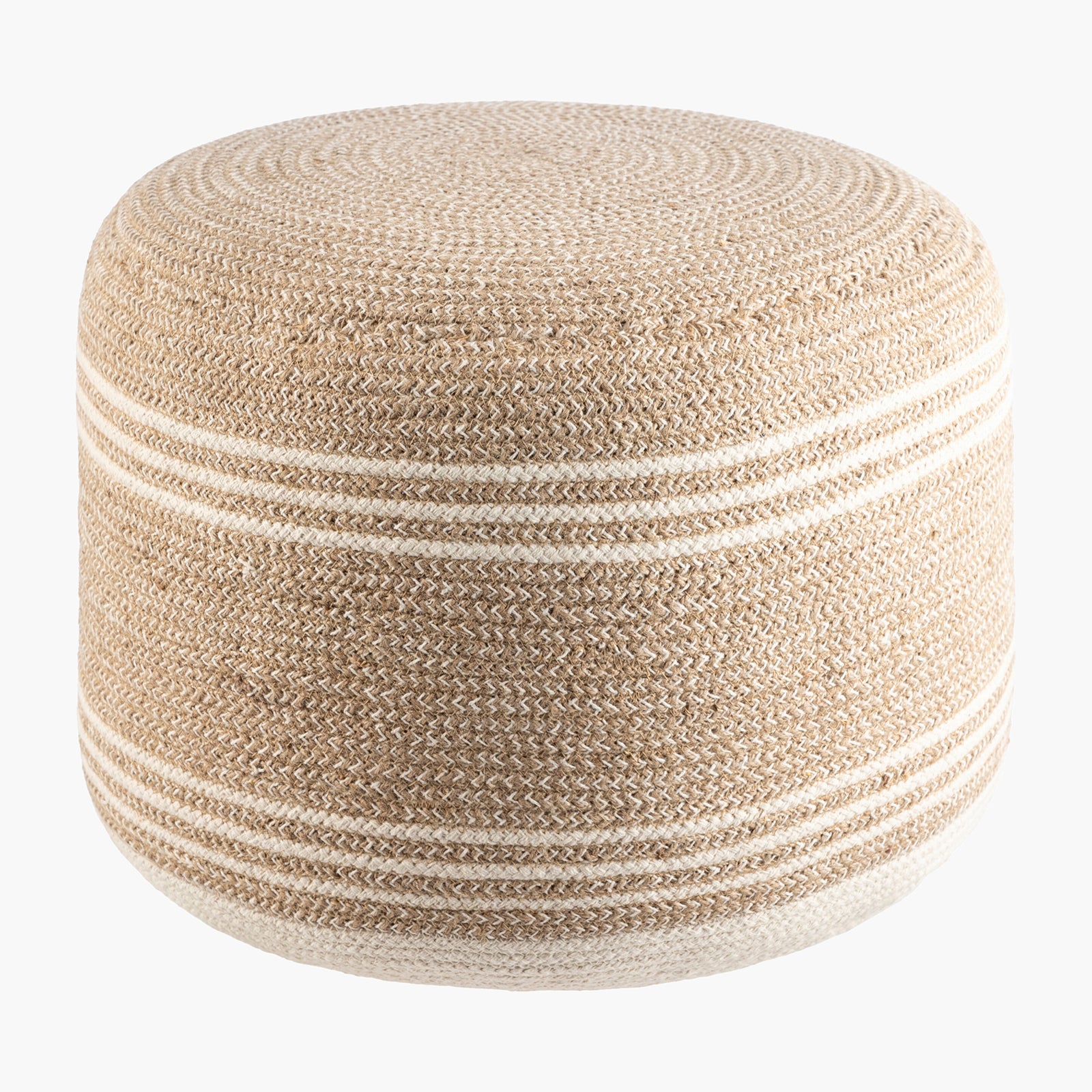 Beige woven ottoman with white stripes on a white background