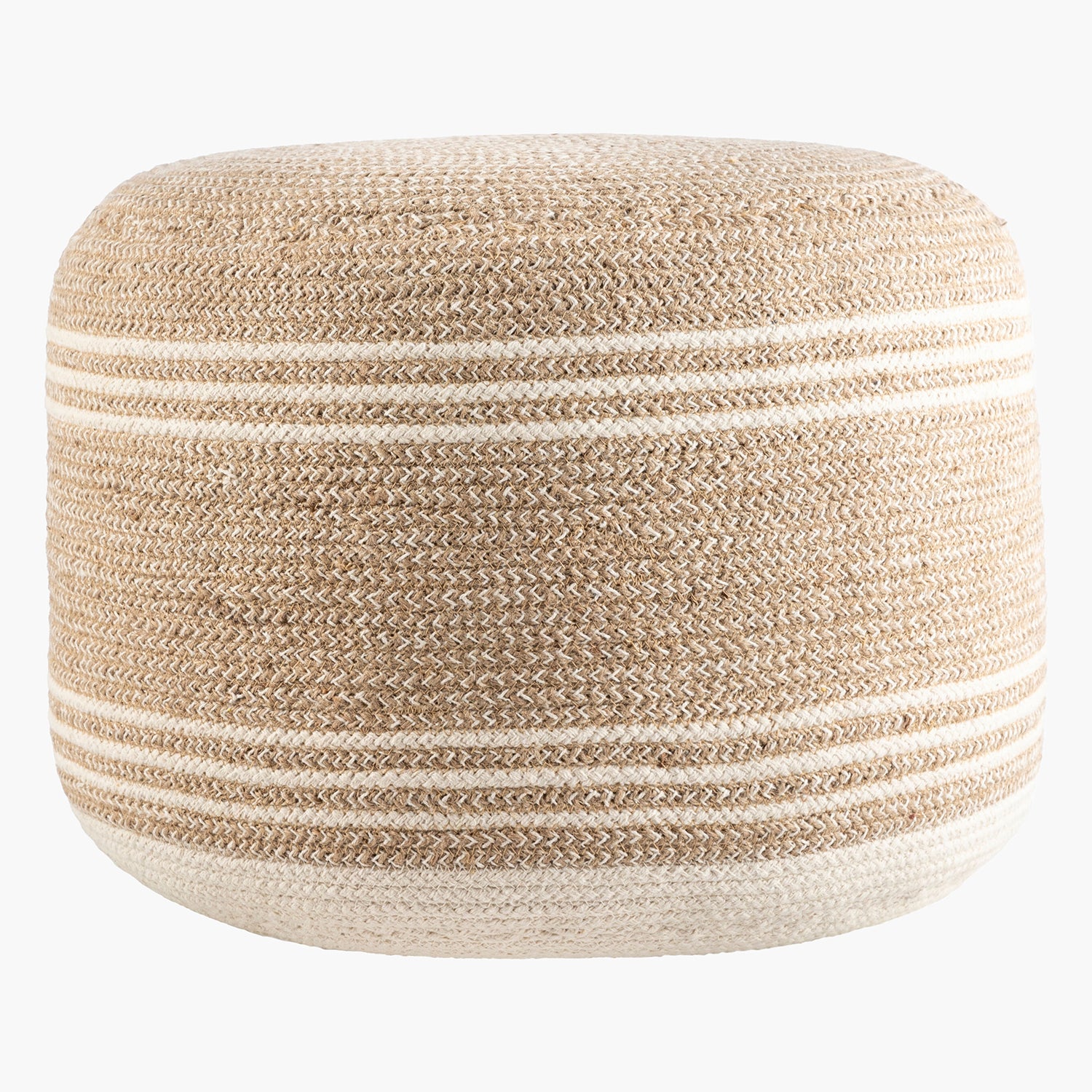 Beige and white striped ottoman on a white background