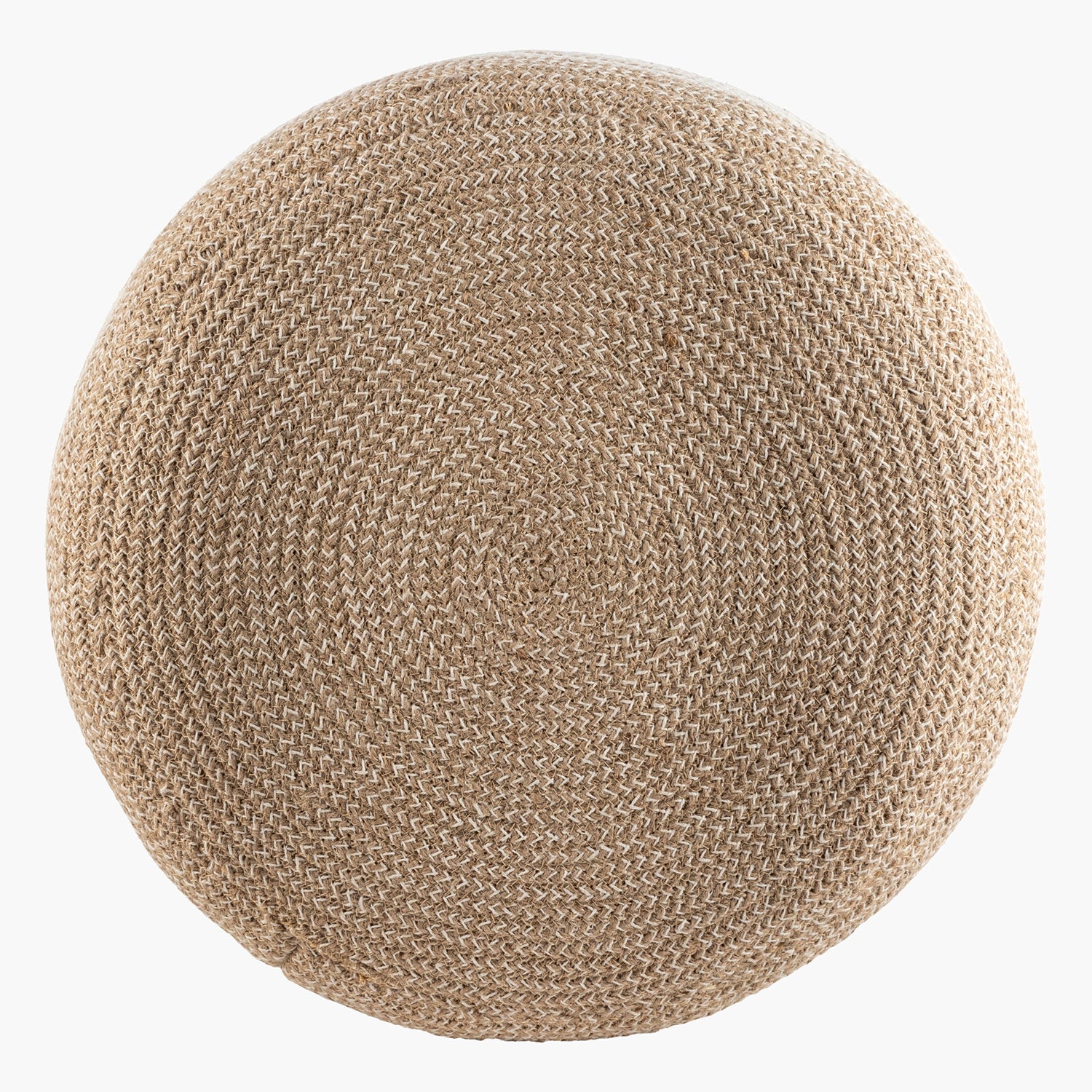 Round woven beige ottoman on a white background