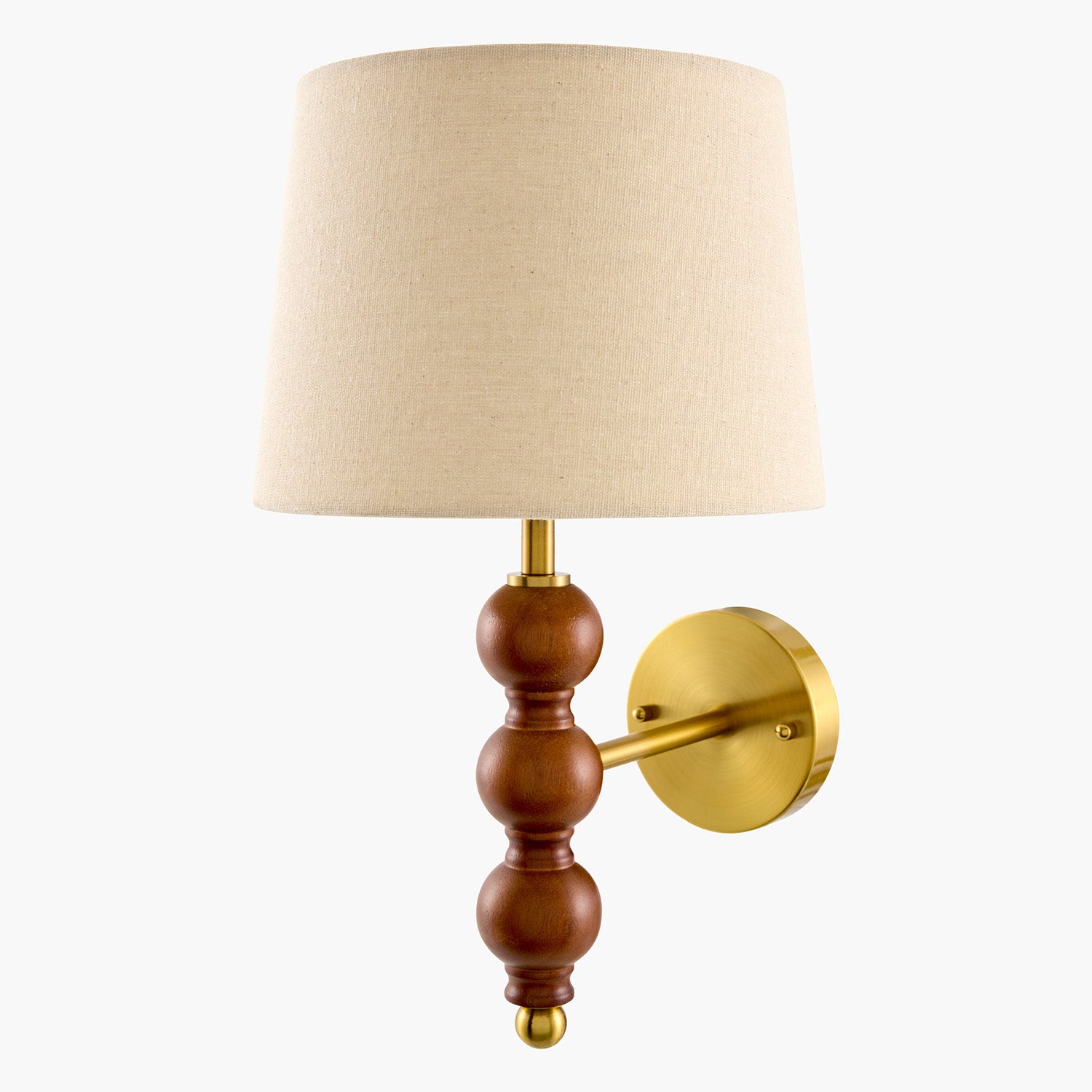 Wall-mounted lamp with wooden base and beige shade on a white background