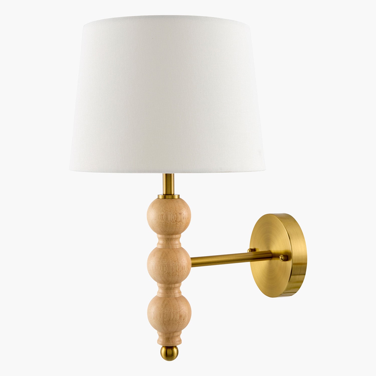 Wall-mounted lamp with wooden base and gold arm on a white background
