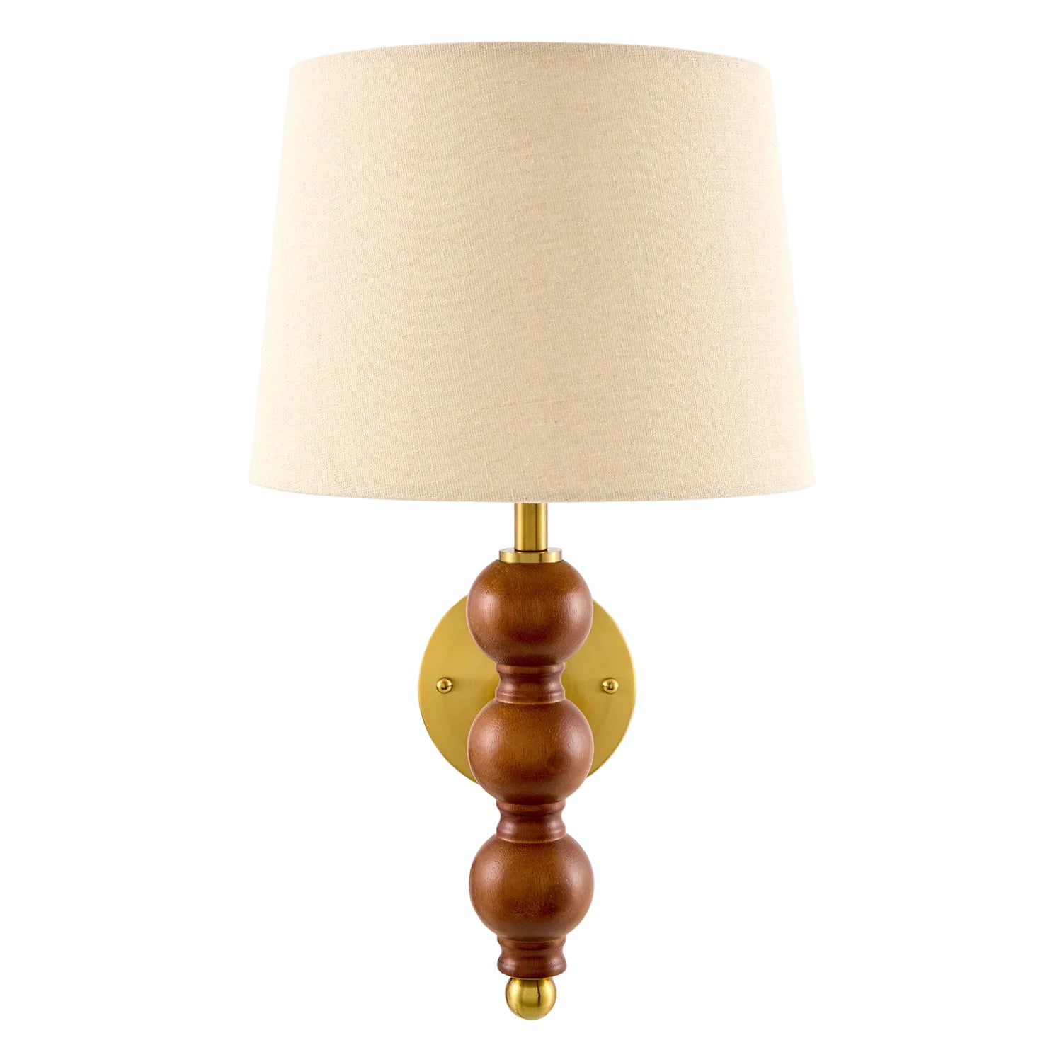 Wall-mounted lamp with wooden base and beige shade on a white background