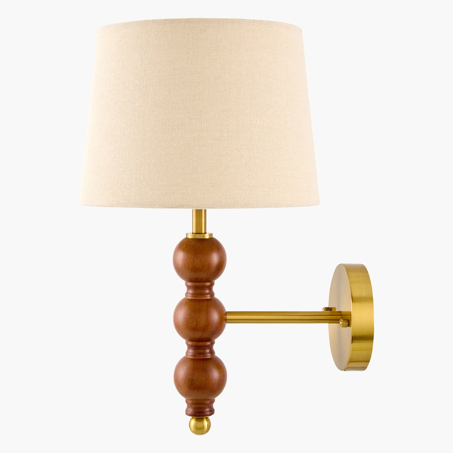 Wall-mounted lamp with wooden base and beige shade on a white background