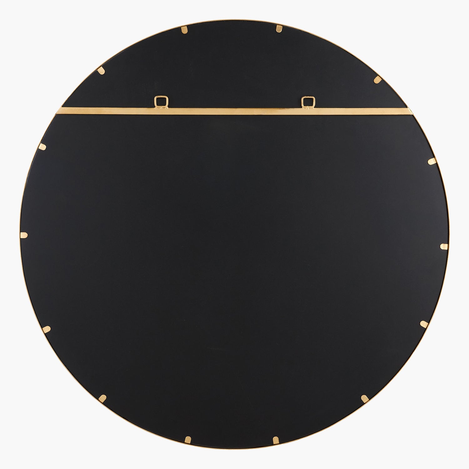 Black round mirror backing with gold brackets on a white background