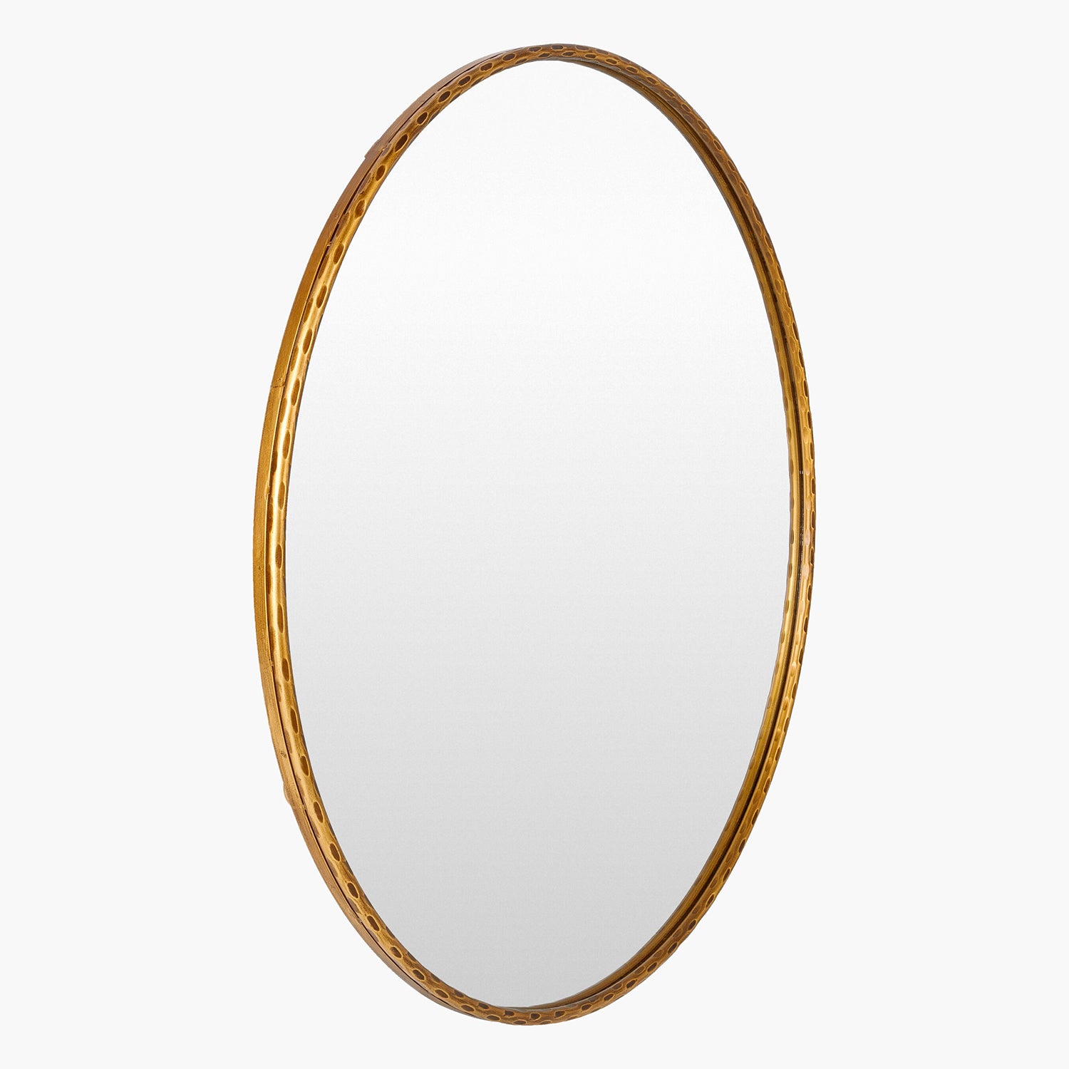 Round mirror with a gold frame on a white background