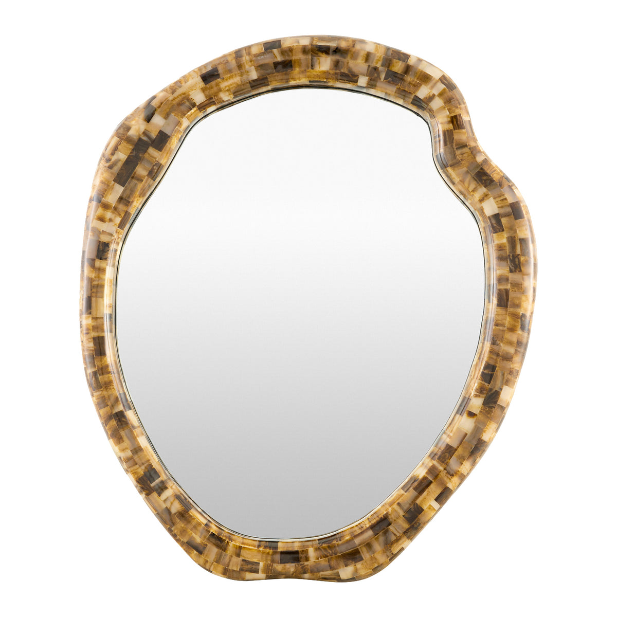 An organic-shaped wall mirror with a mosaic frame made of small rectangular pieces in shades of brown, tan, and black, shown against a plain white background.