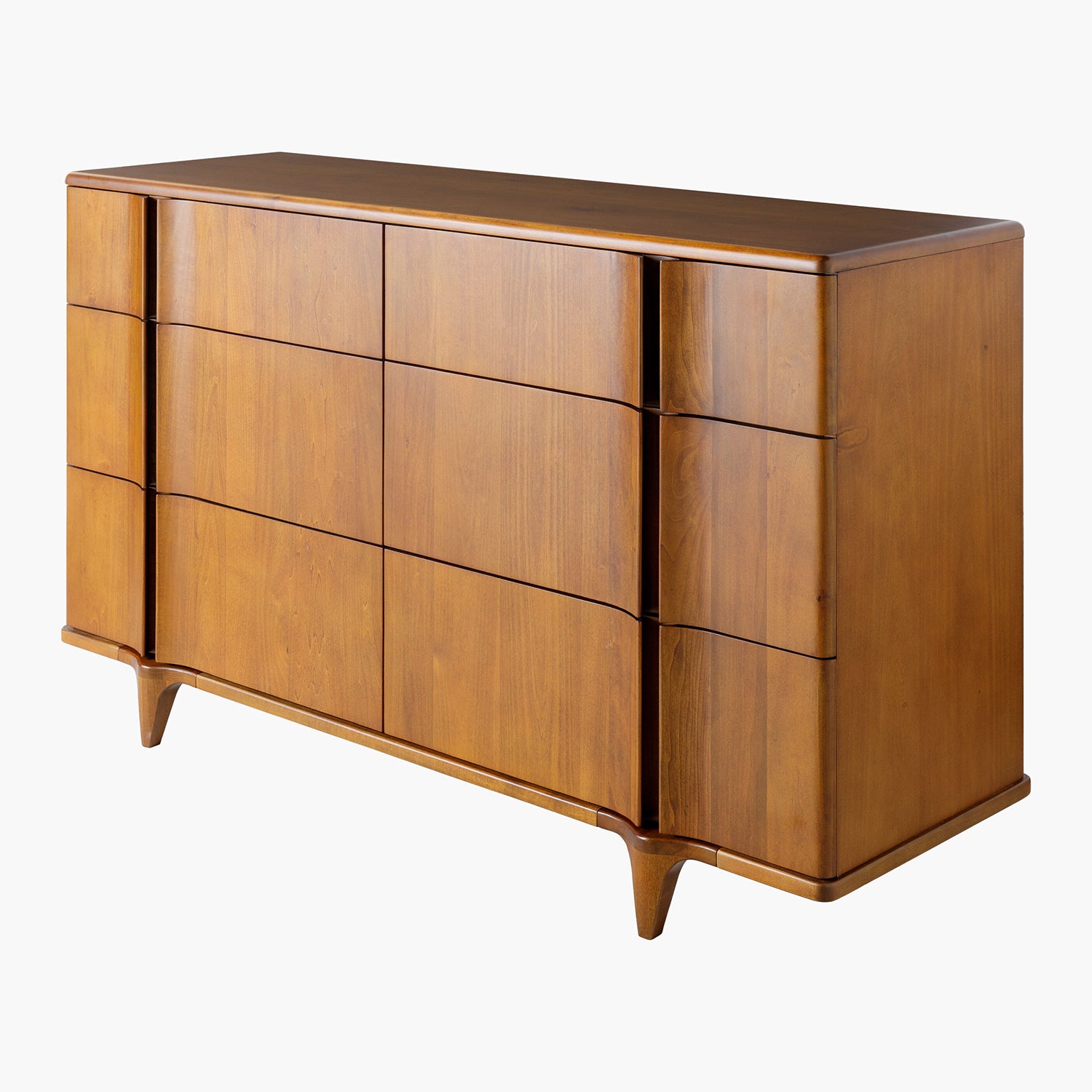 Wooden dresser with multiple drawers on a white background