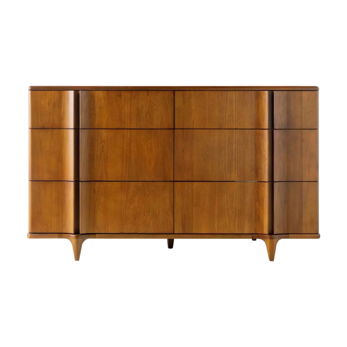 Wooden dresser with multiple drawers on a white background