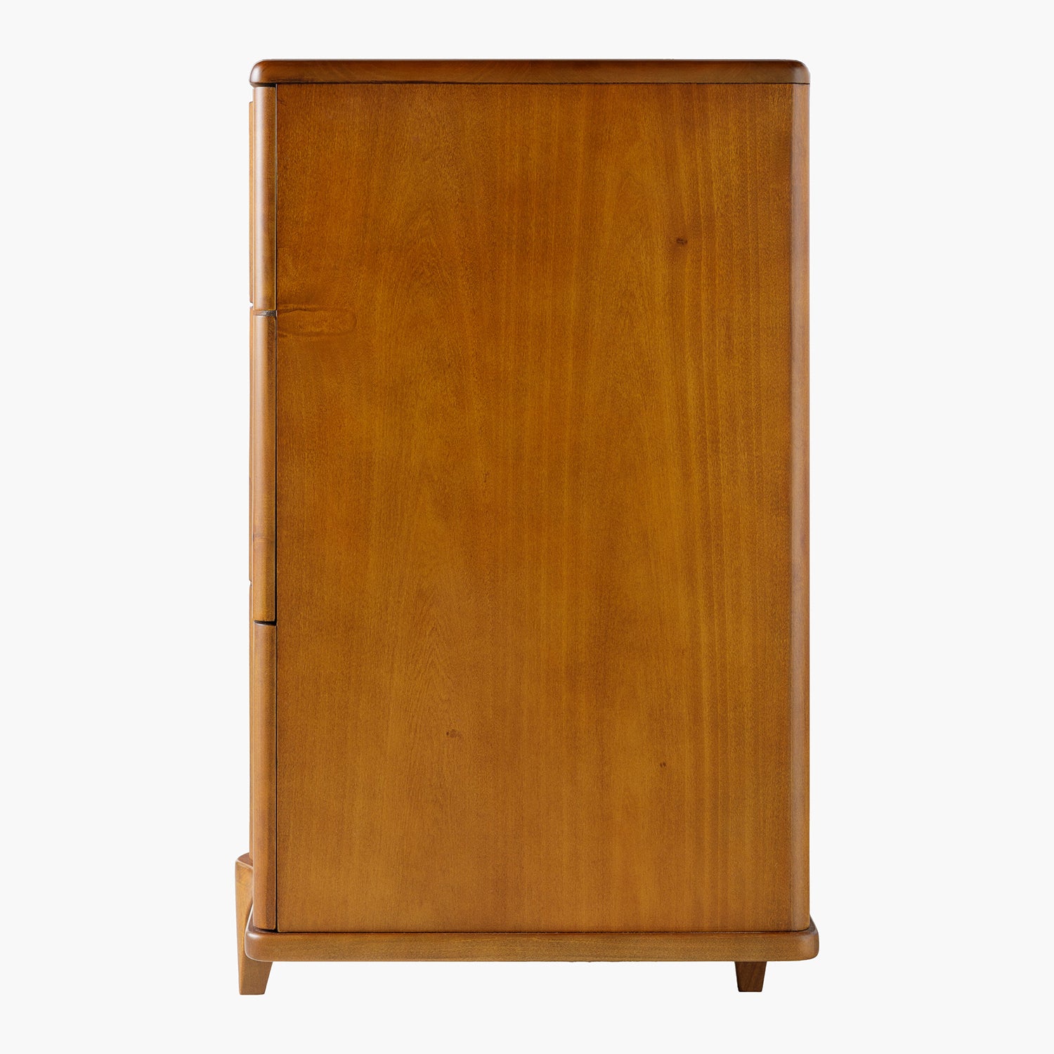 Side view of a wooden dresser with a white background
