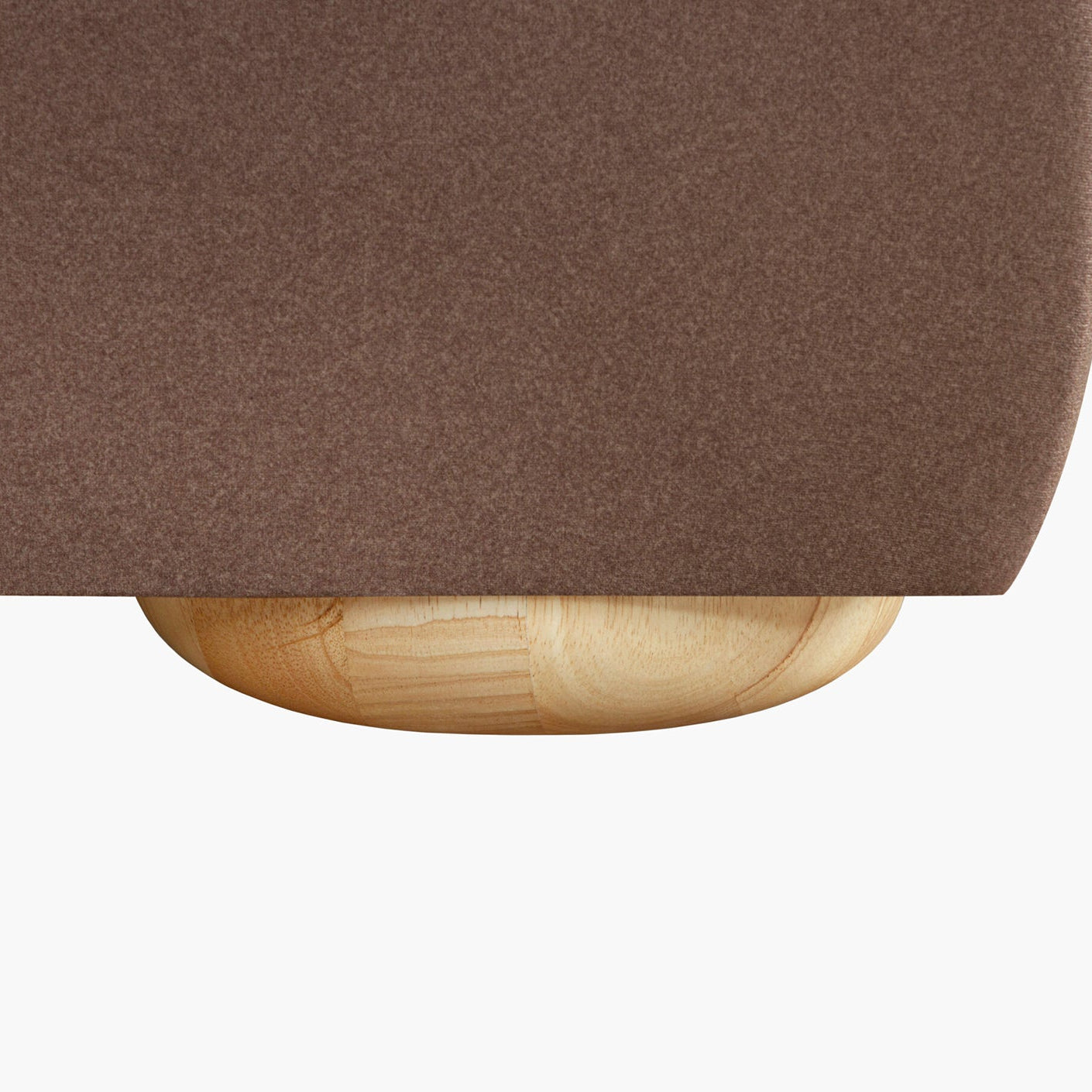 Brown upholstered footboard with a wooden base on a white background