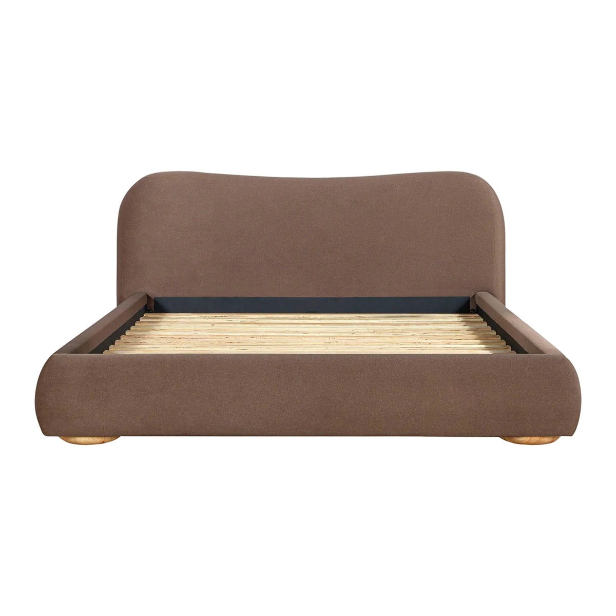 Brown upholstered bed on a white background