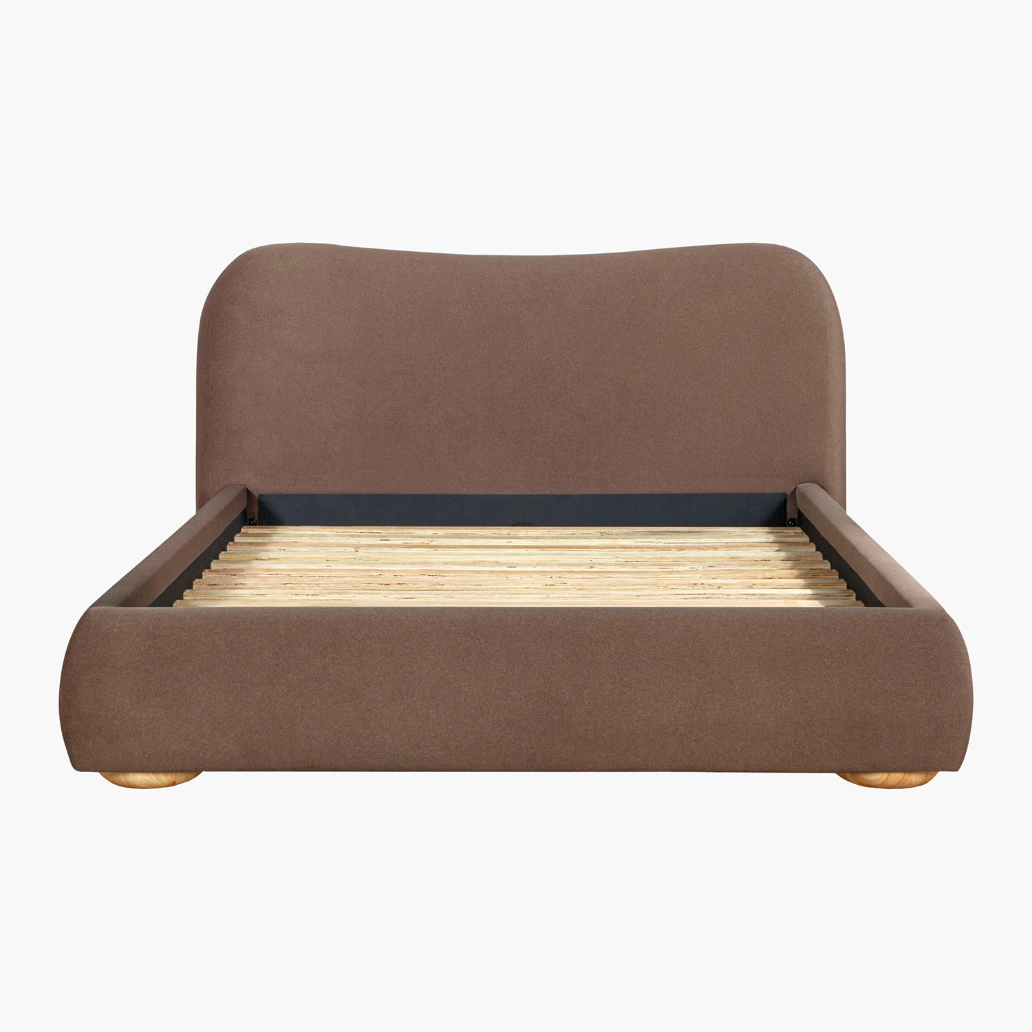 Brown upholstered bed with wooden slats on a white background