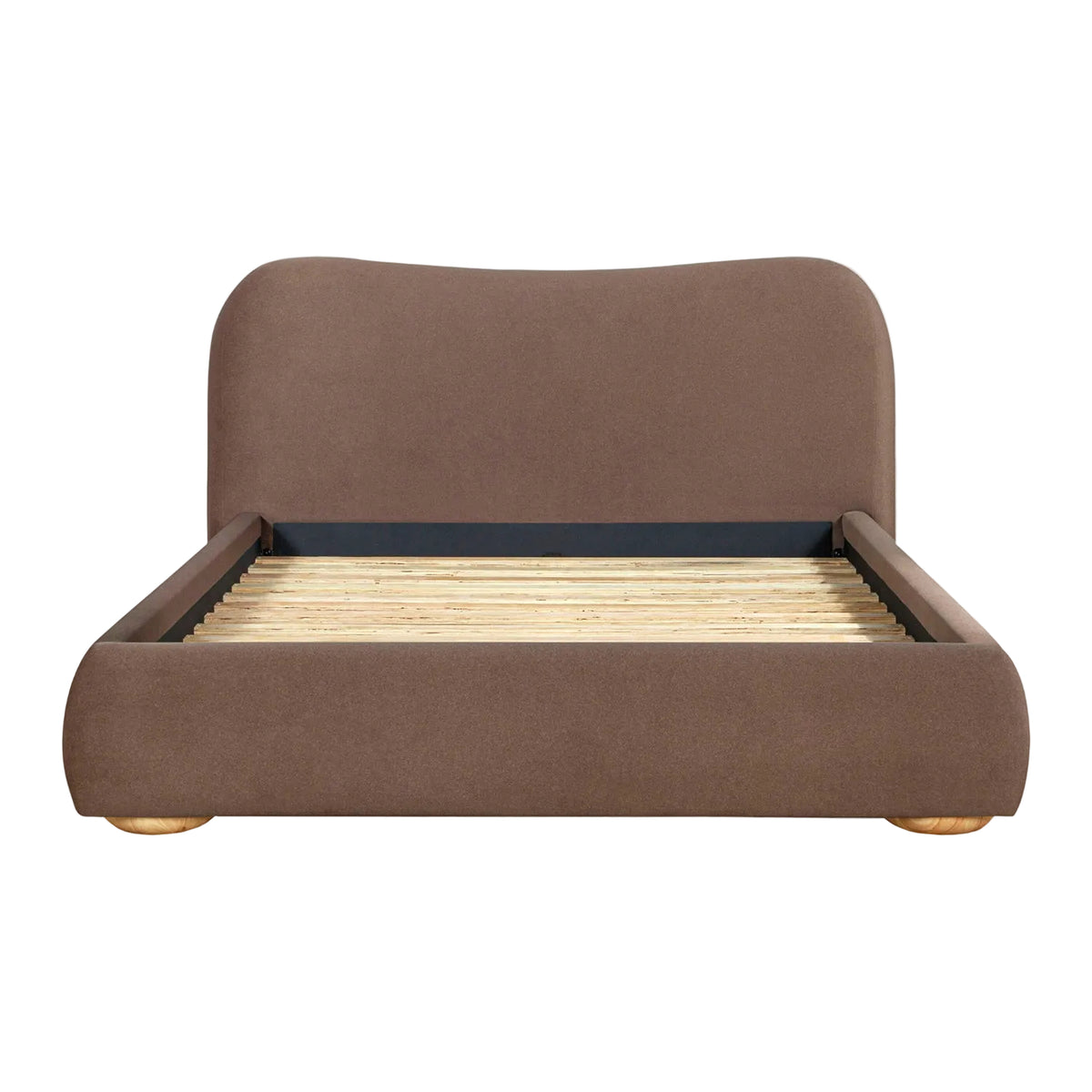 Brown upholstered bed with wooden slats on a white background