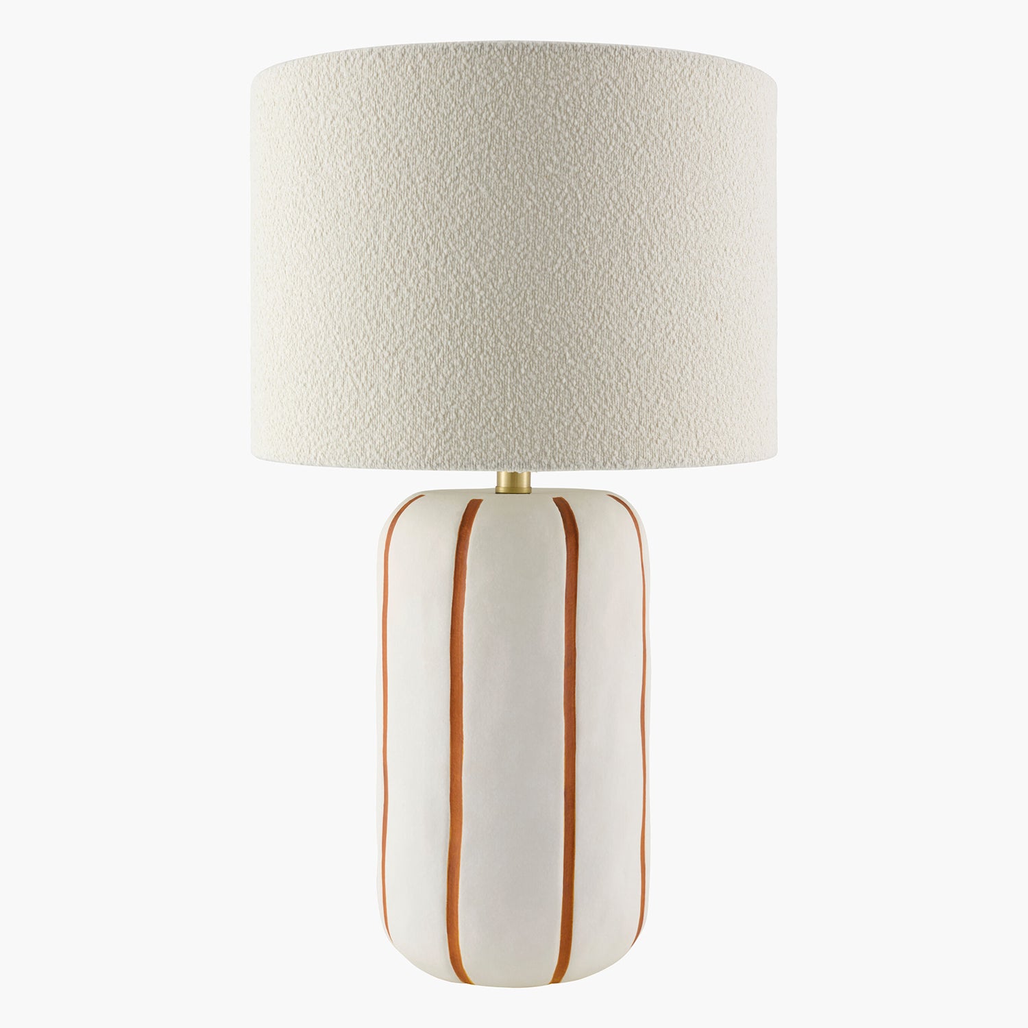 Table lamp with a textured beige shade and orange striped ceramic base on a white background