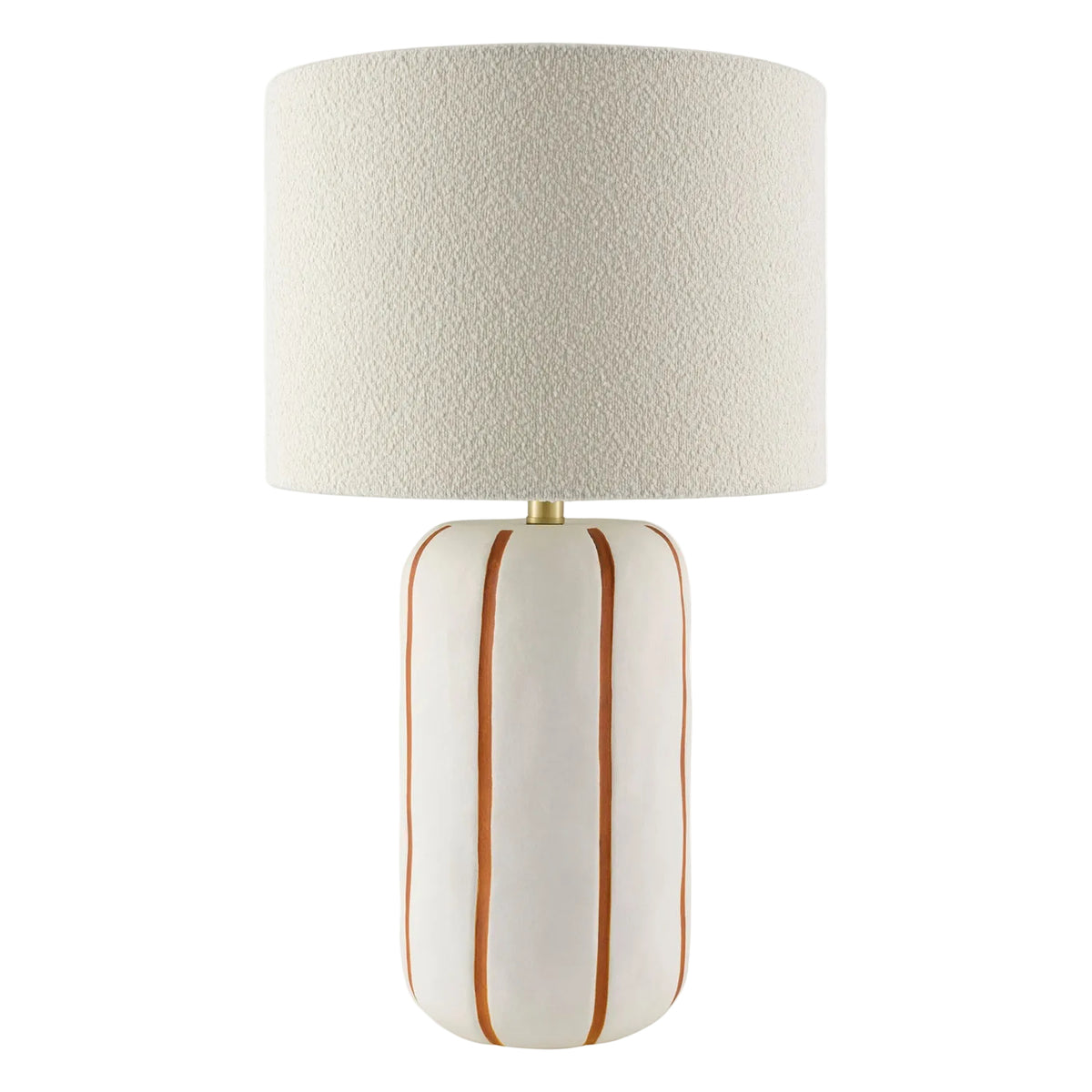 Table lamp with a textured beige shade and orange striped ceramic base on a white background