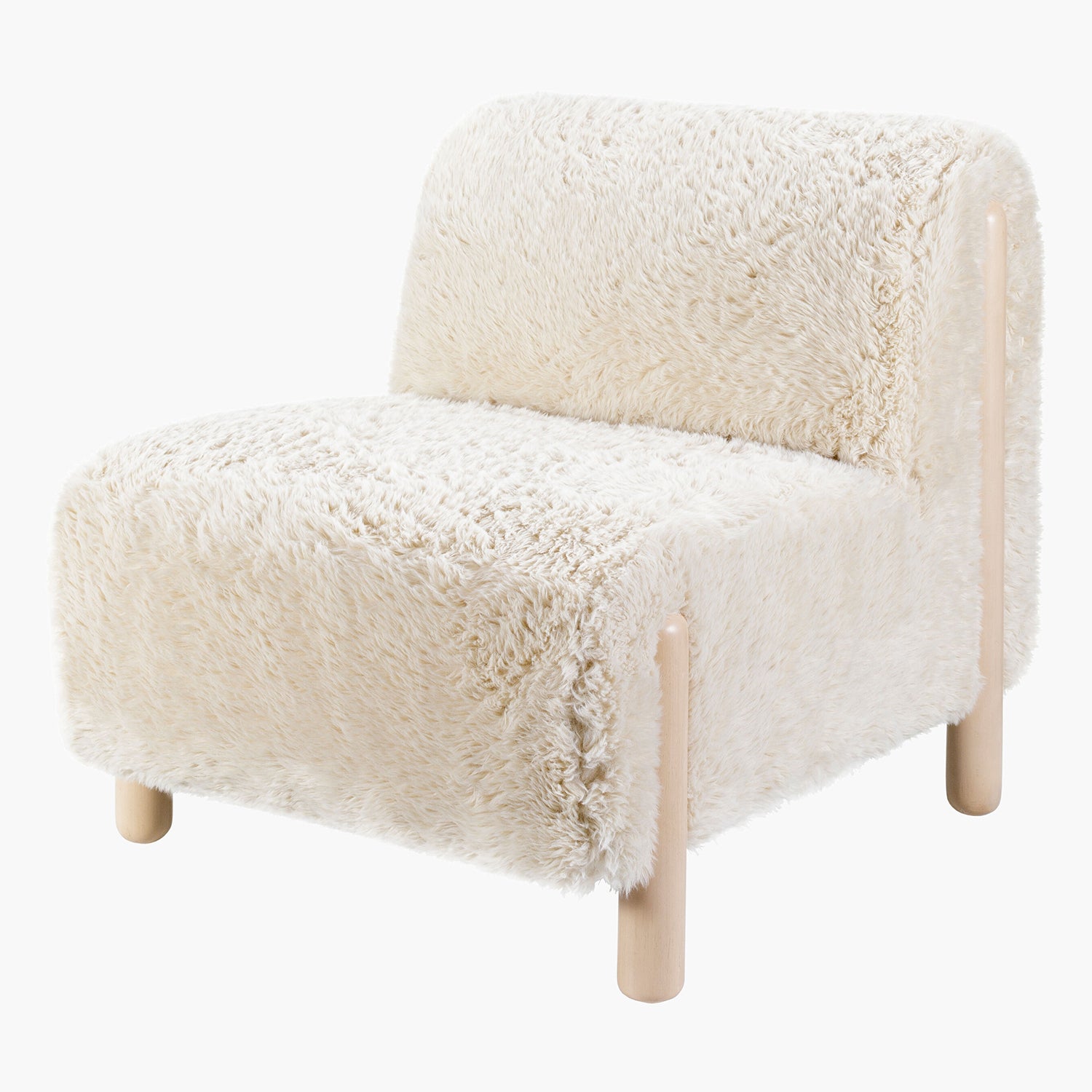 White fluffy chair with wooden legs on a white background
