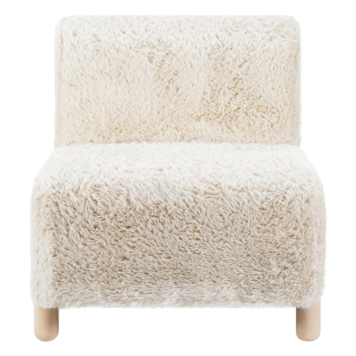 Fluffy white chair with wooden legs on a white background