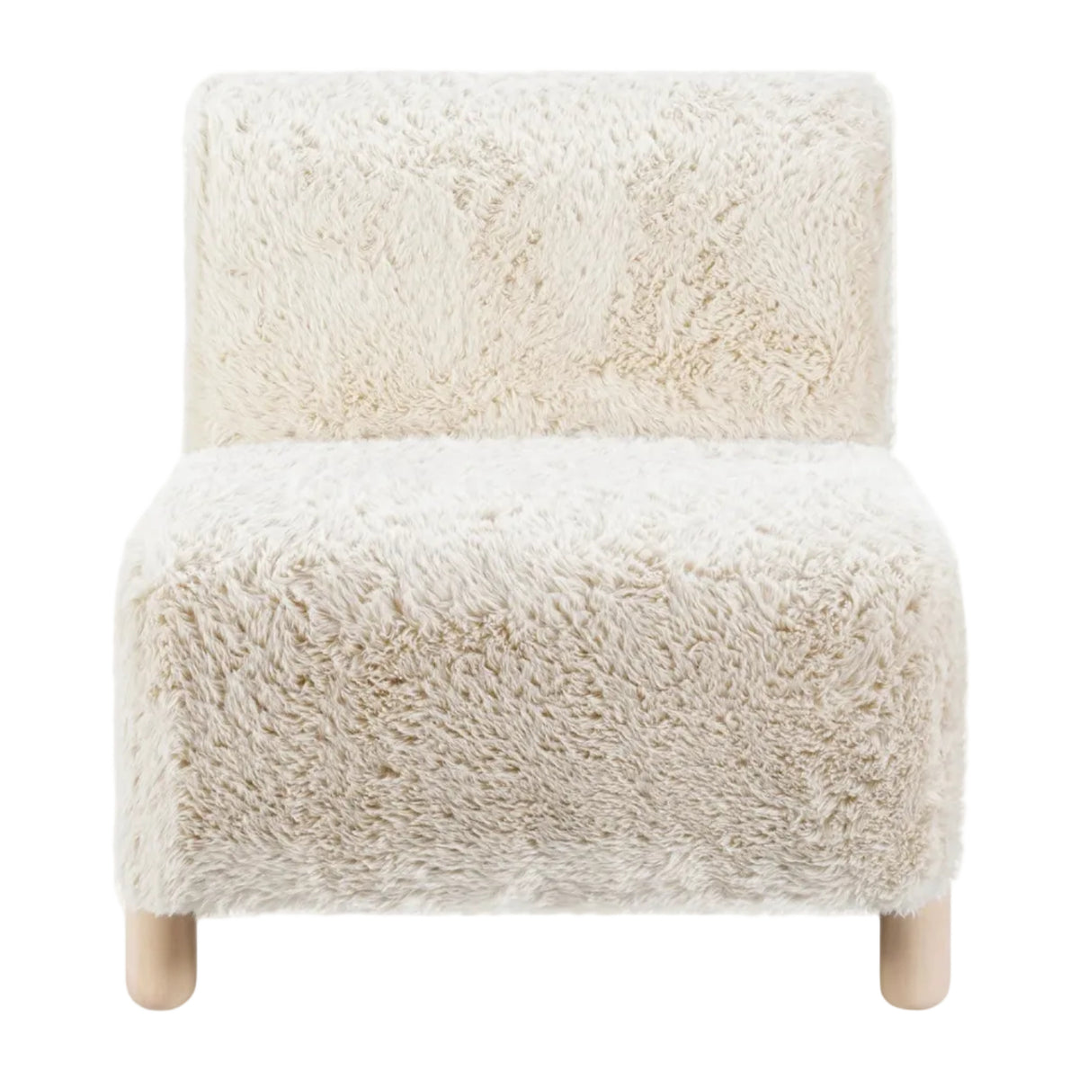 Fluffy white chair with wooden legs on a white background