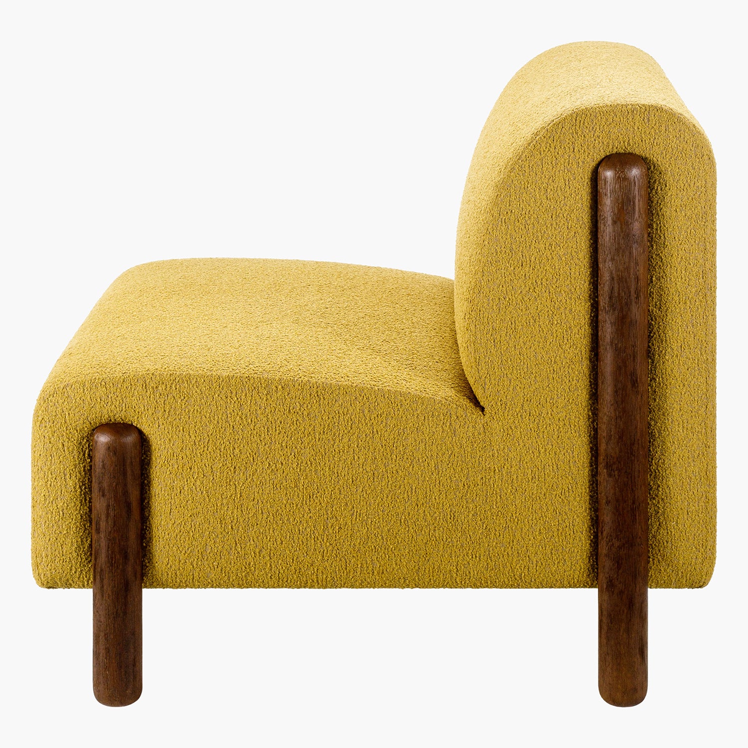 Yellow armchair with wooden legs on a white background