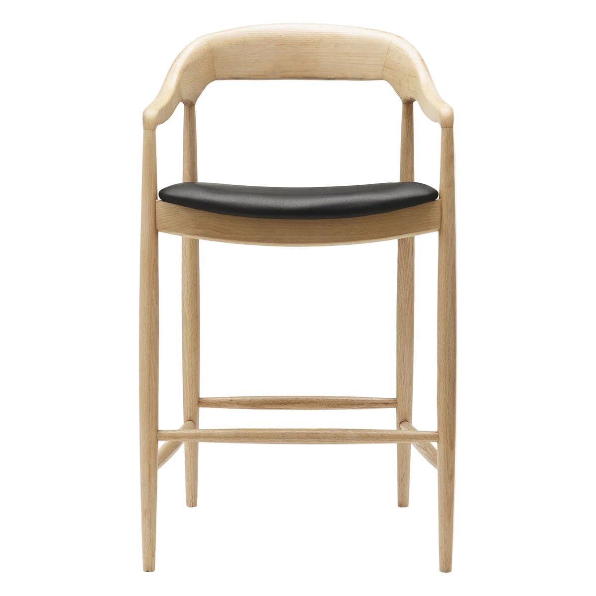 Wooden bar stool with a black seat on a white background