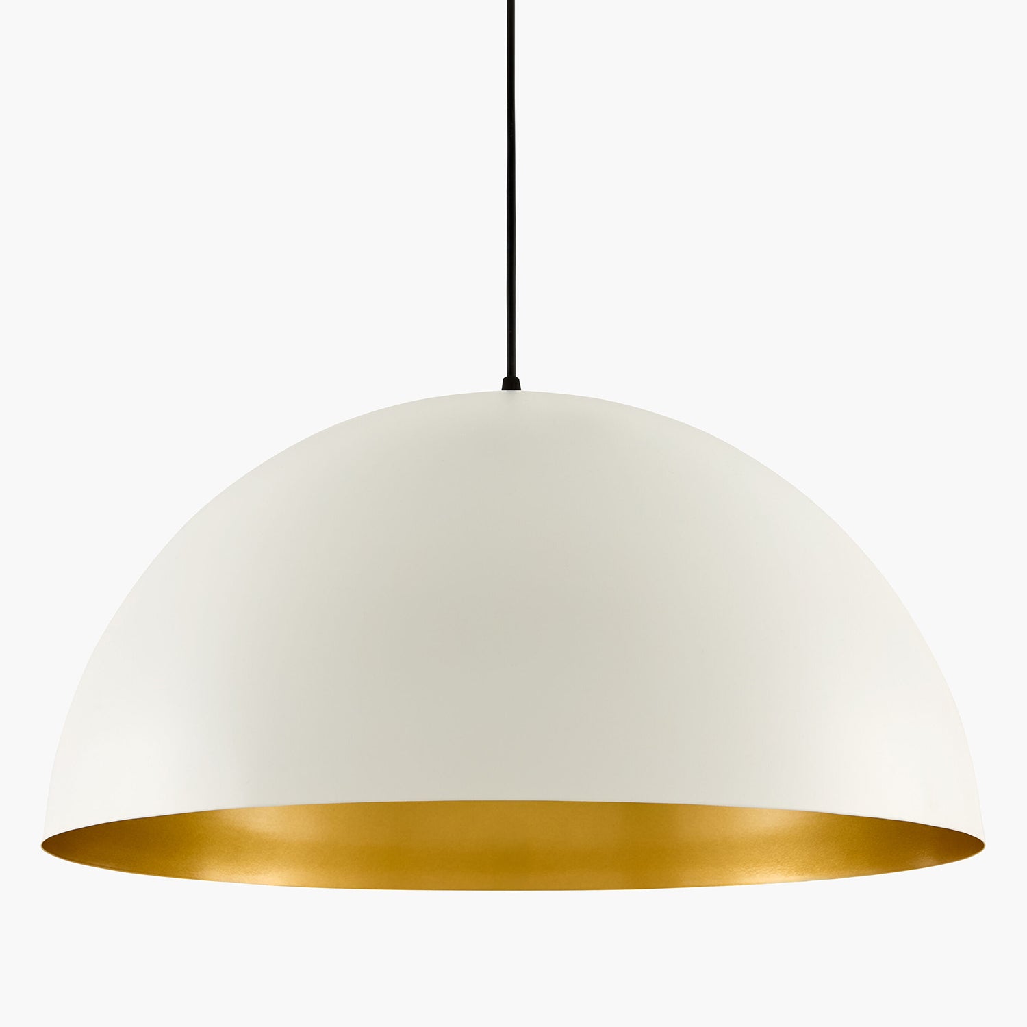 Pendant light with white shade and gold interior on a white background