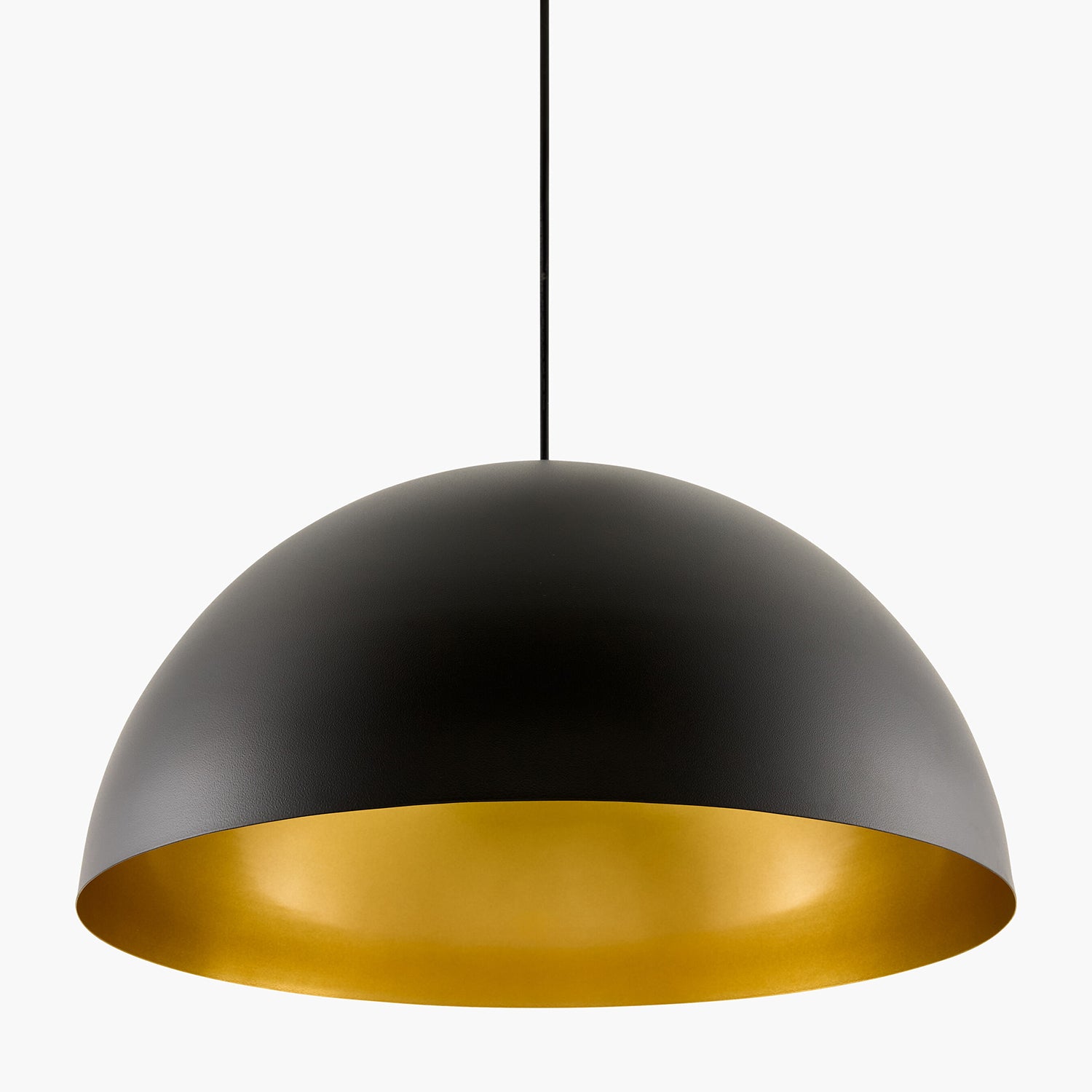 Black pendant light with gold interior on a white background