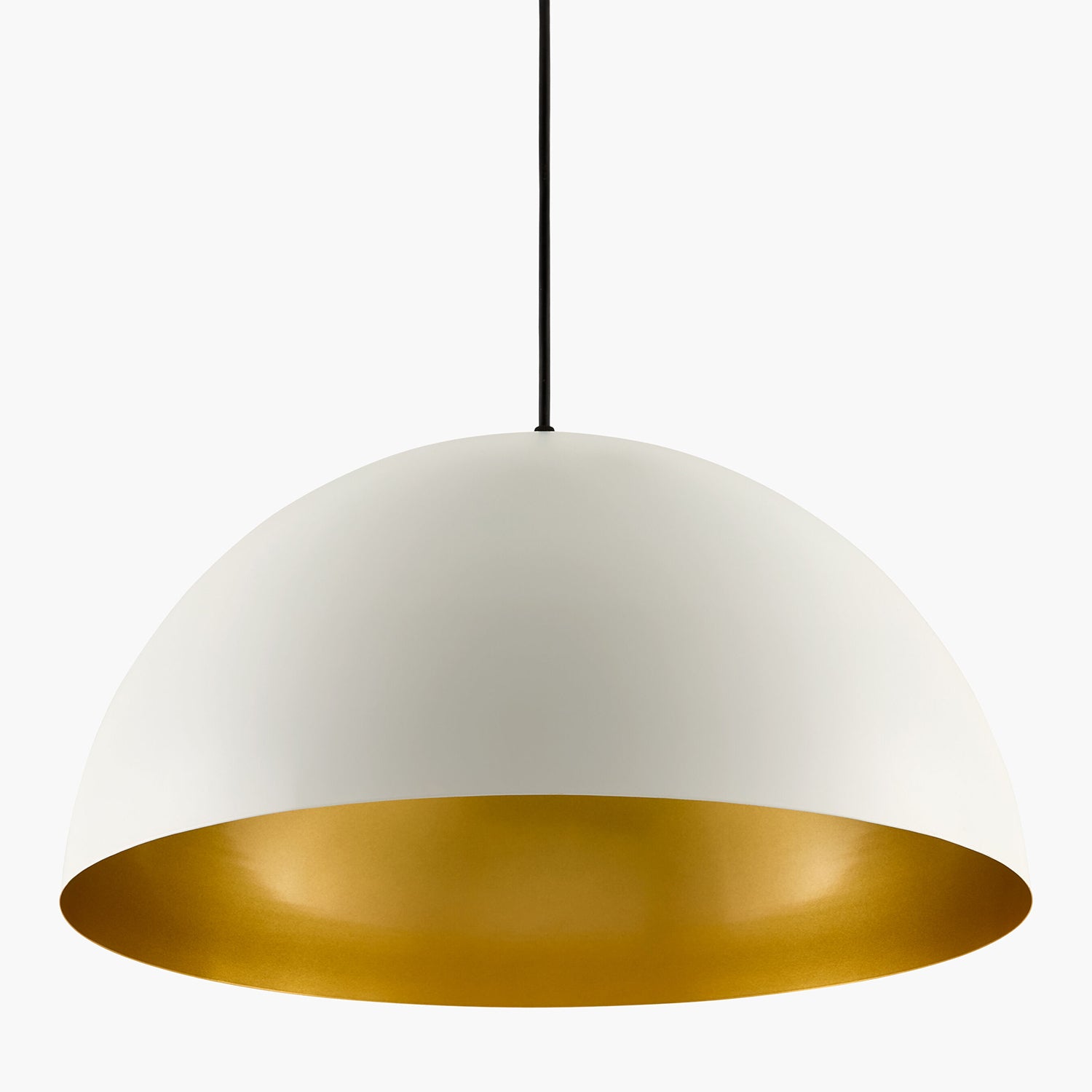 Pendant light with white shade and gold interior on a white background