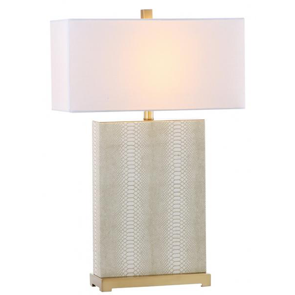 Table lamp with textured beige base and white shade on a white background