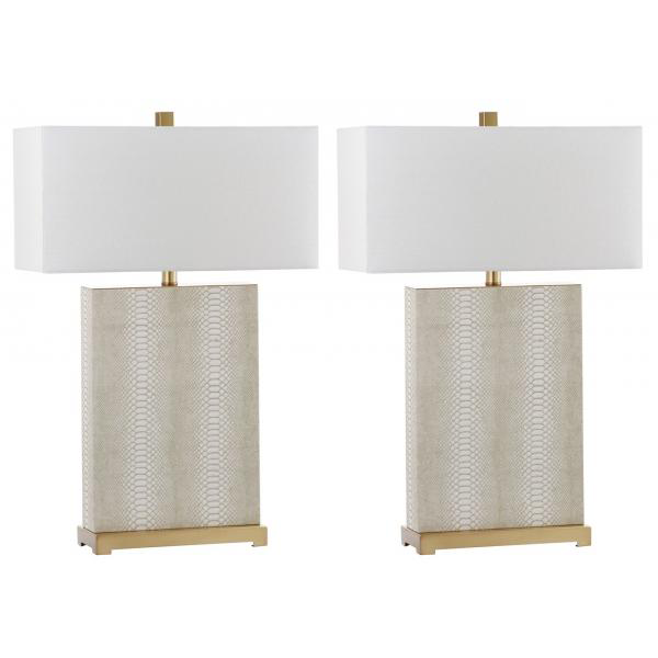 Two table lamps with white lampshades and textured beige bases on a white background