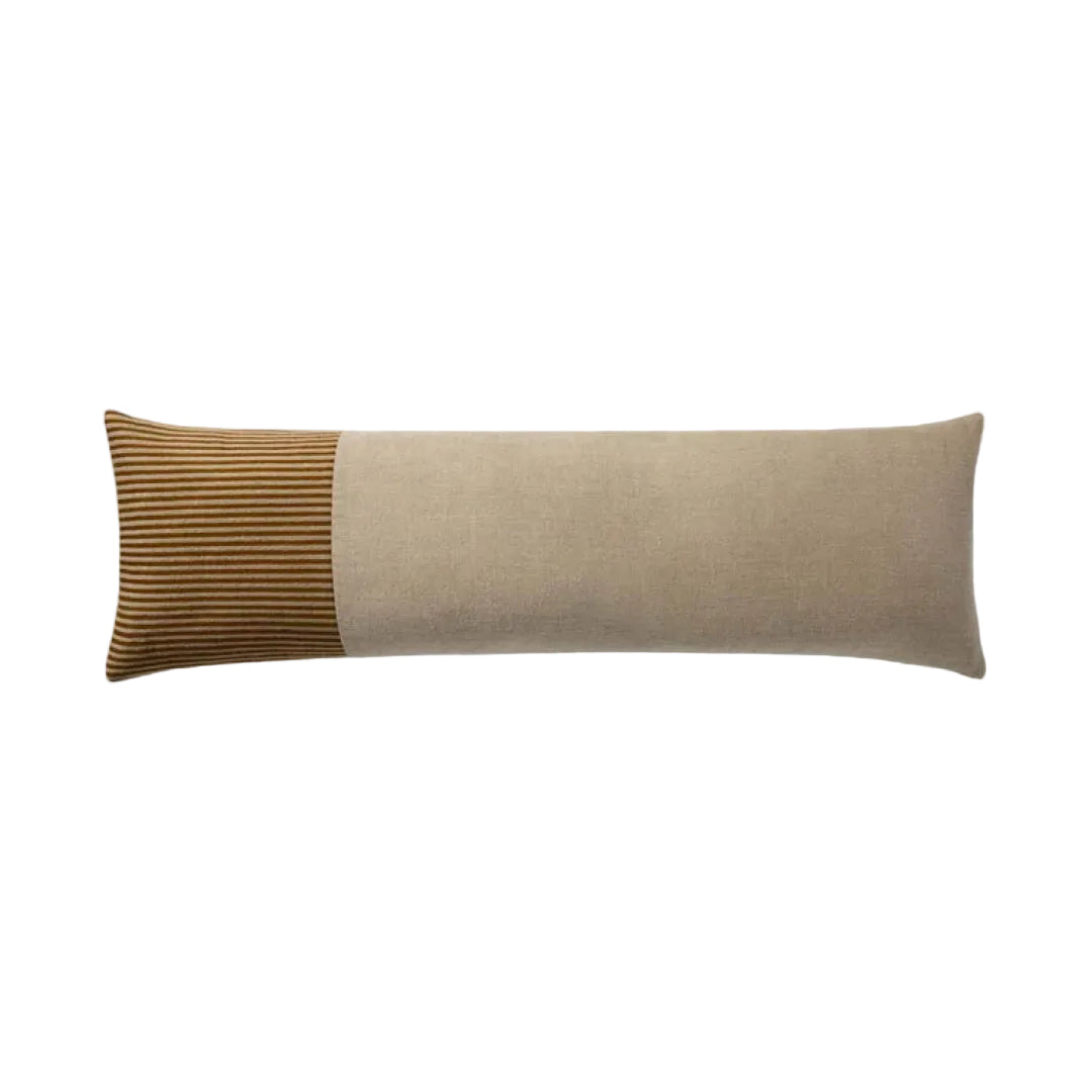 A rectangular mustard yellow throw pillow with a zipper.