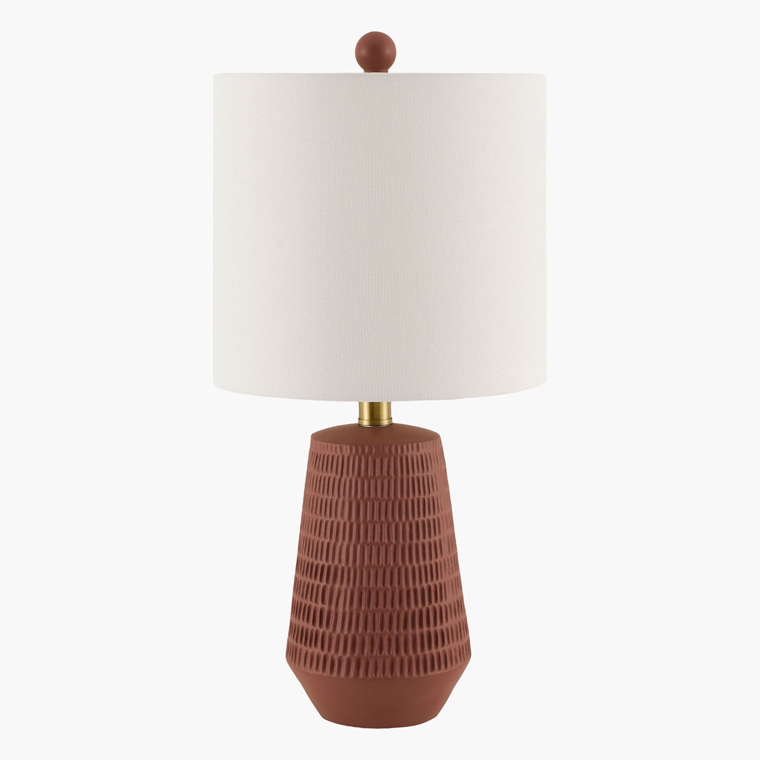 Table lamp with a textured brown base and white shade on a white background