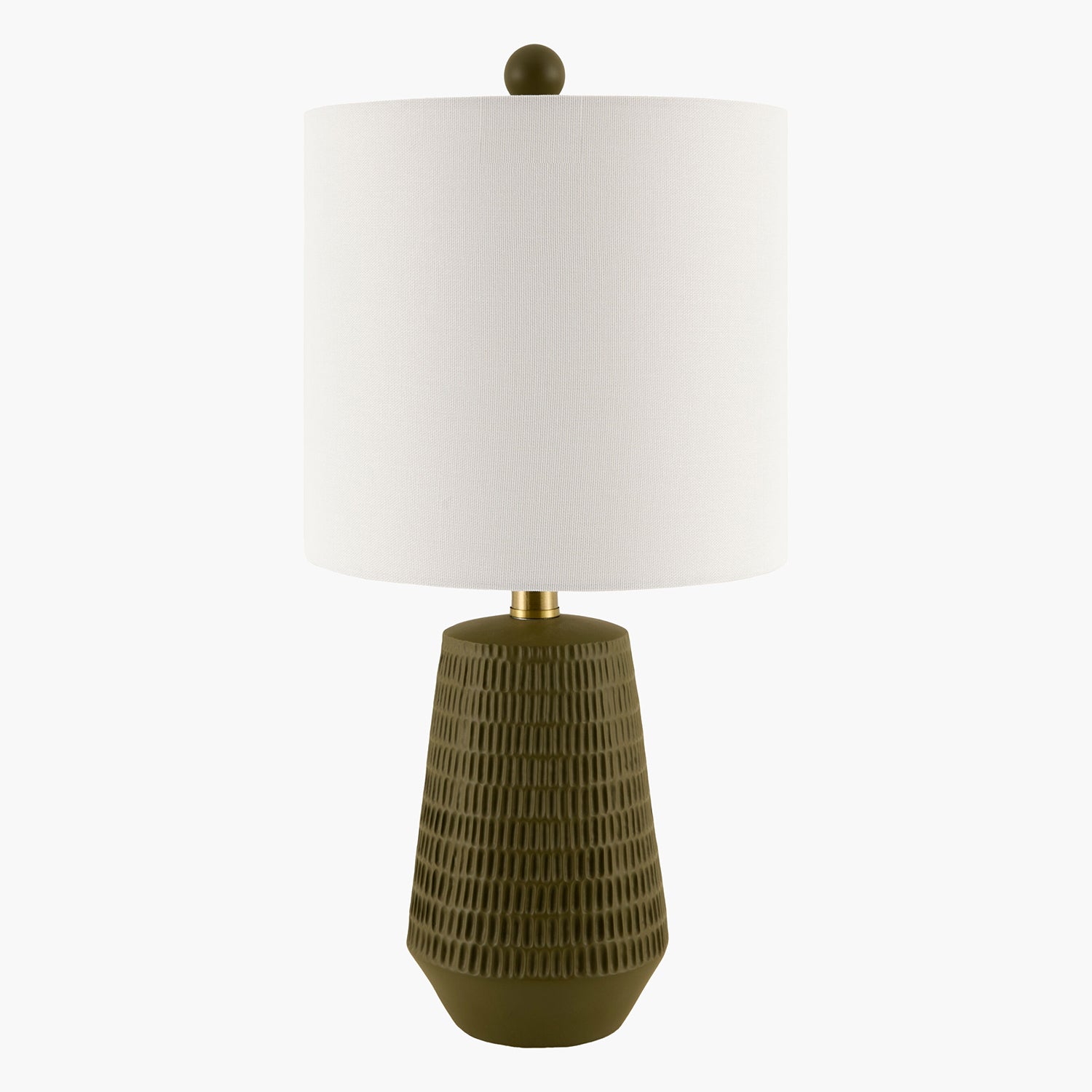 Table lamp with textured green base and white shade on a white background