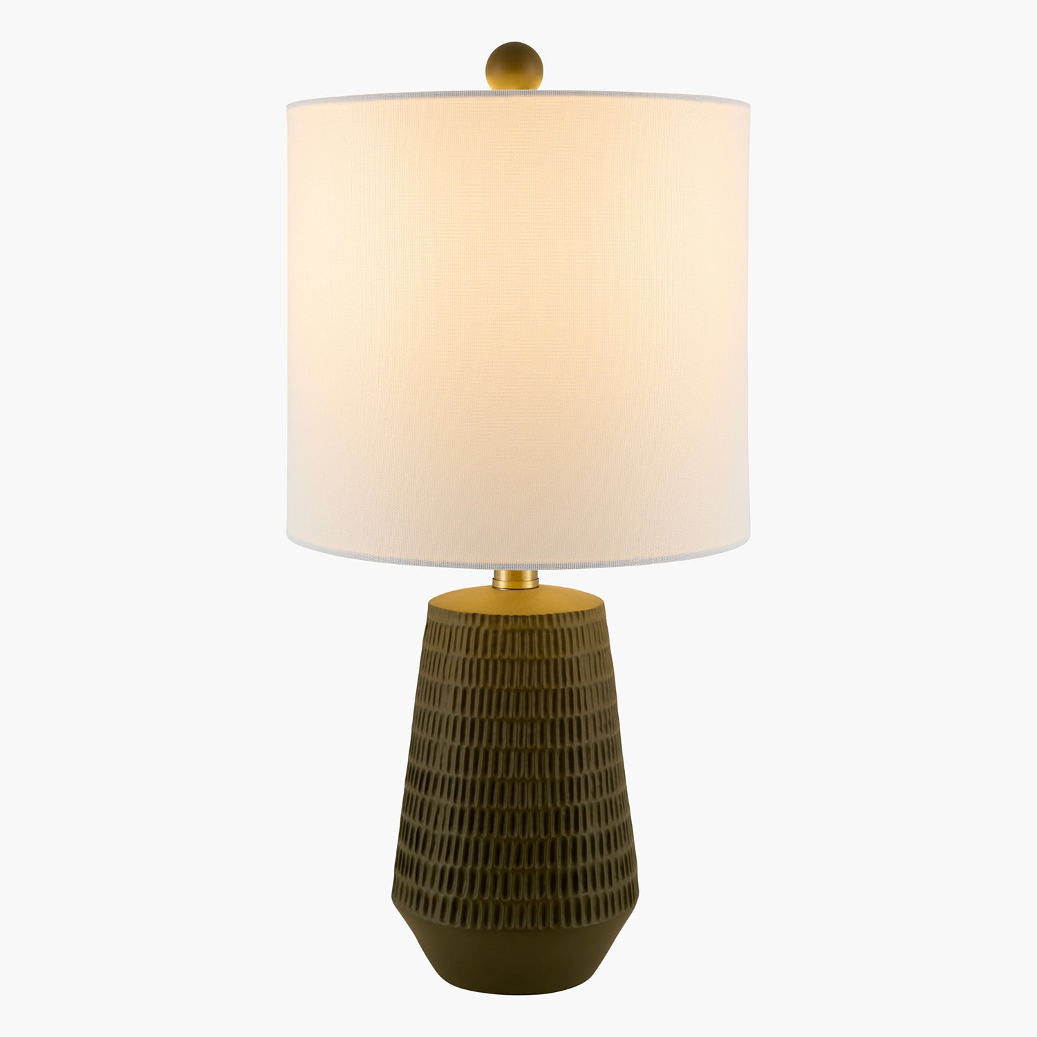 Table lamp with a textured brown base and beige shade on a white background