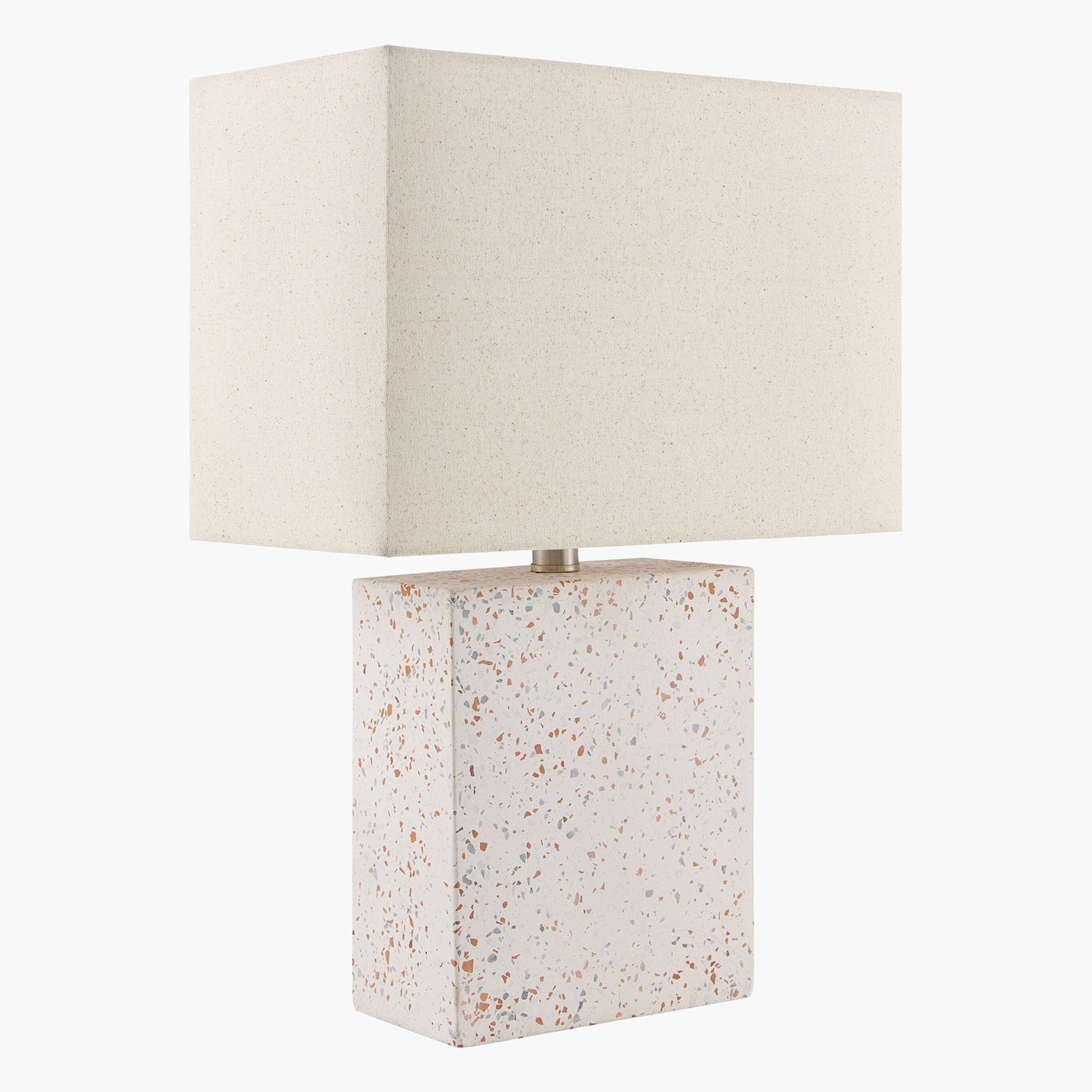 Table lamp with a terrazzo base and beige square shade on a white background