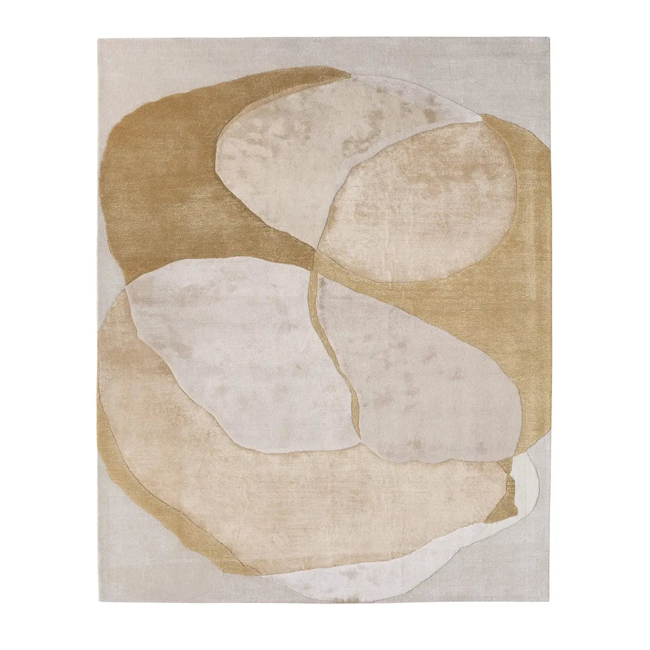 Rug with abstract design in beige and brown on a white background