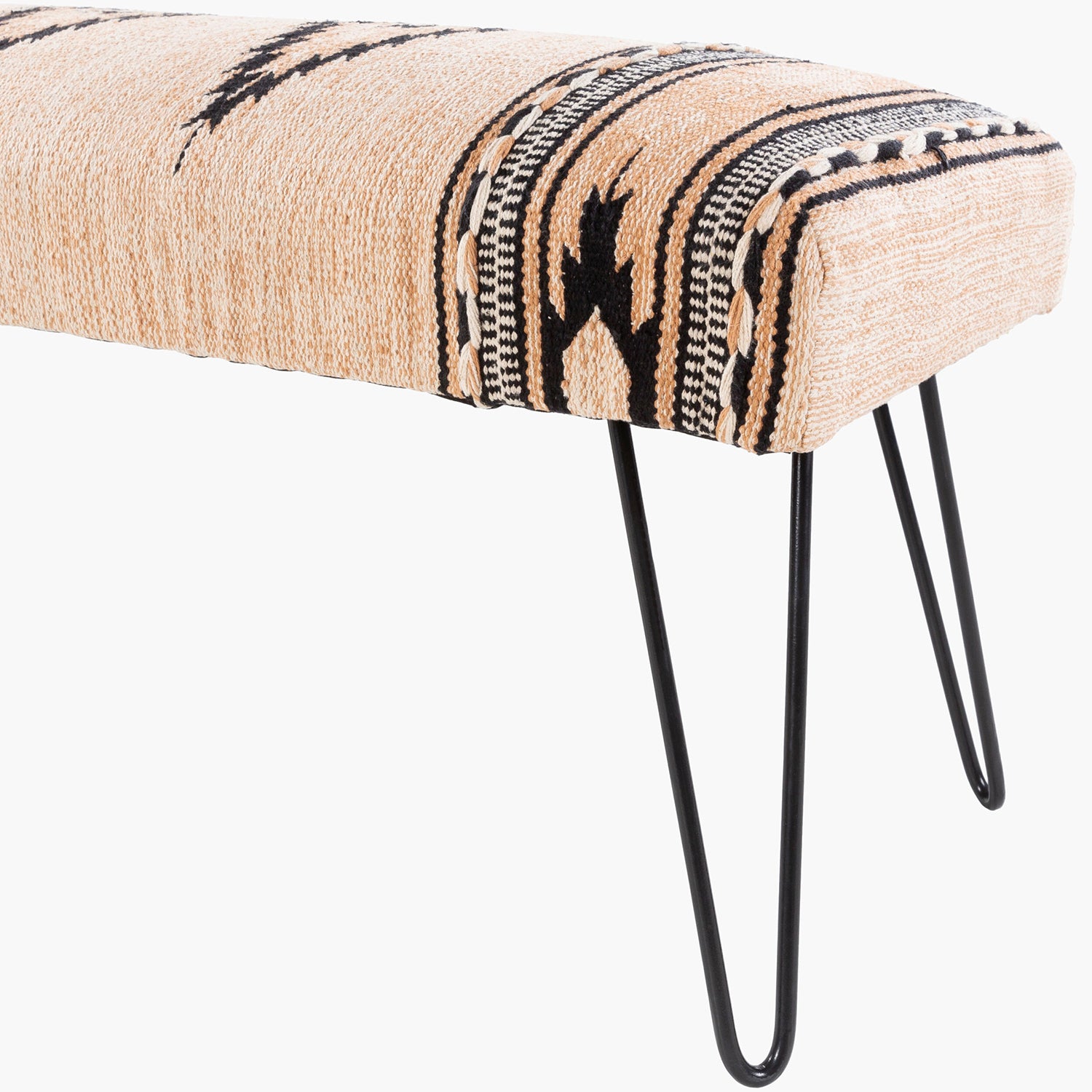 Beige bench with black and white patterned seat on black hairpin legs against a white background