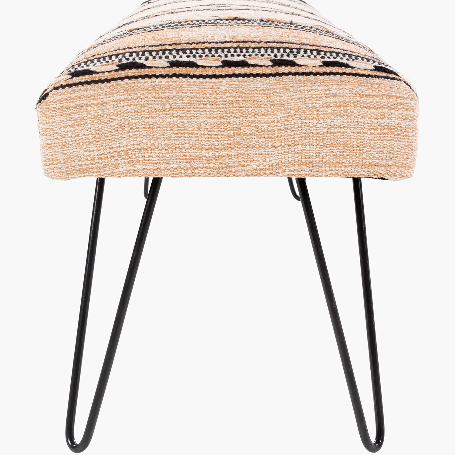 Stool with patterned cushion and black metal legs on a white background