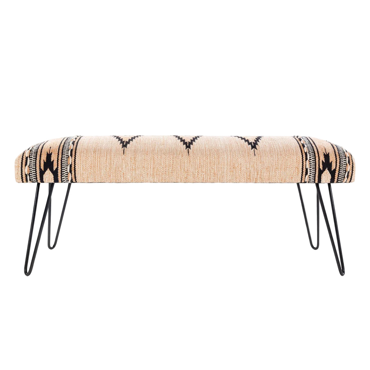Bench with patterned cushion and black hairpin legs on a white background