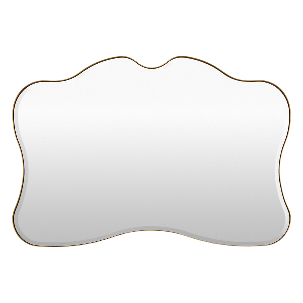 An asymmetrical wavy-top wall mirror with a thin metallic gold frame, shown against a plain white background.