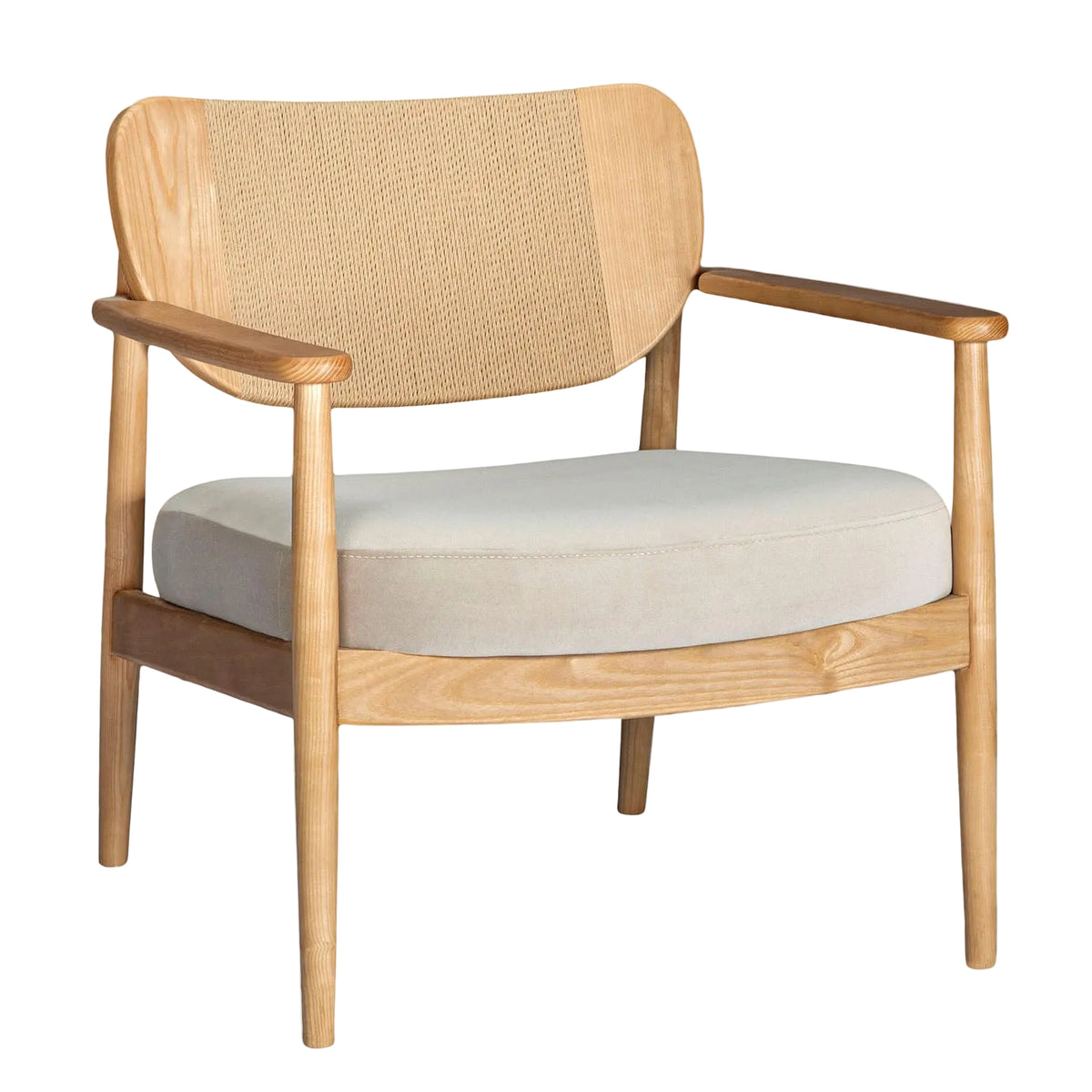 Wooden armchair with woven backrest and white cushion on a white background