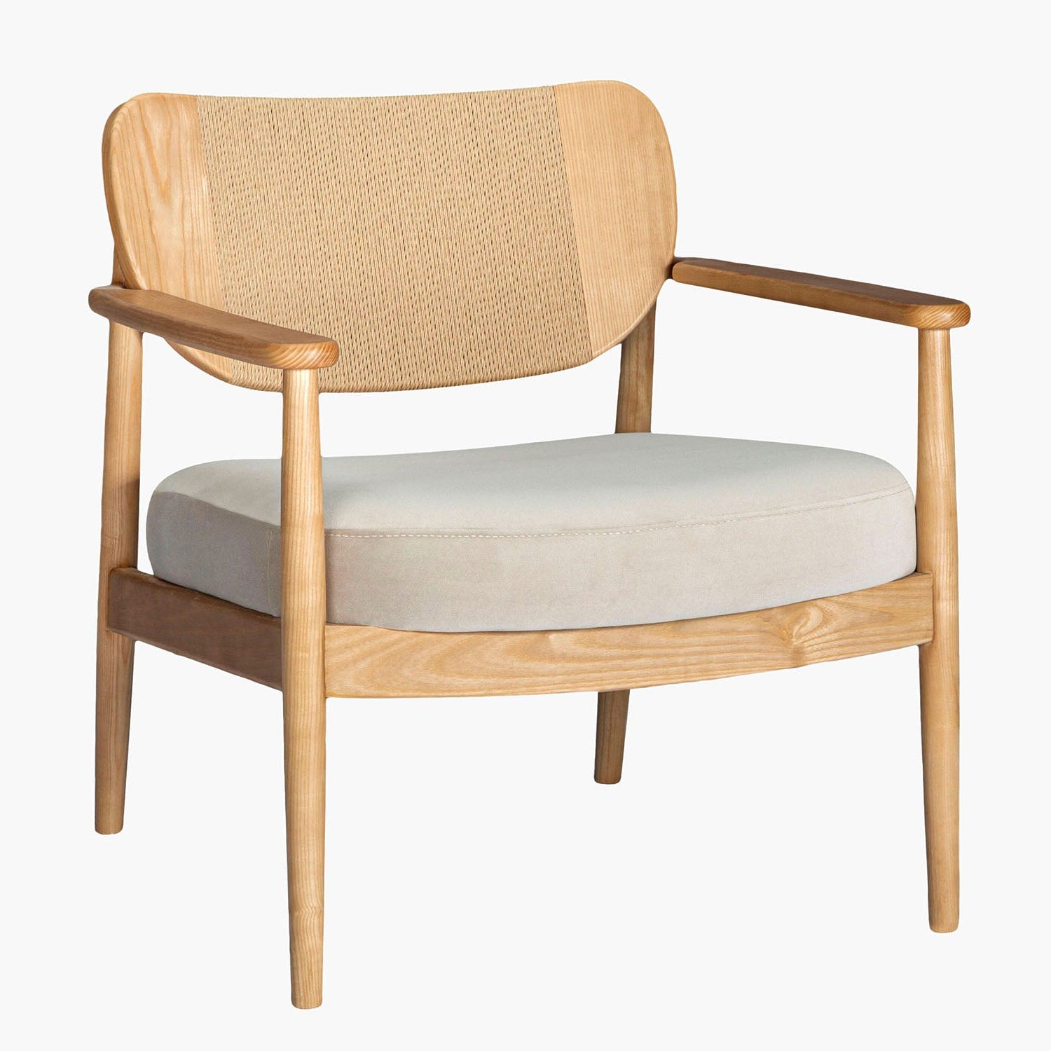 Wooden armchair with woven backrest and white cushion on a white background