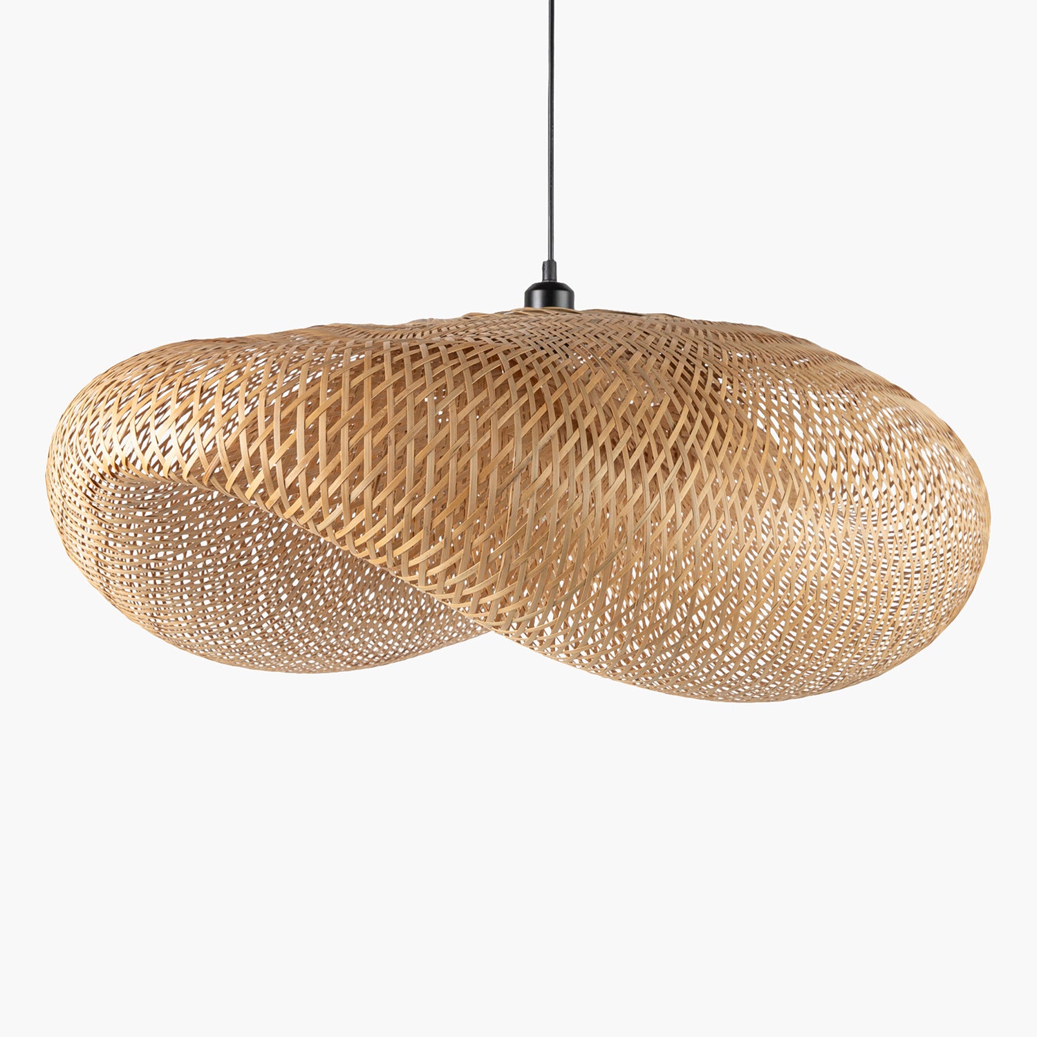 Woven pendant light fixture on a white background