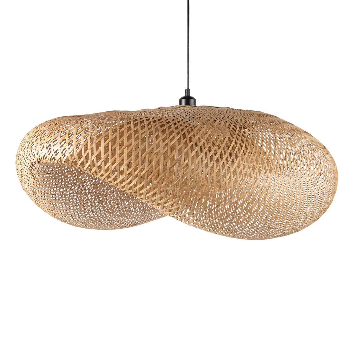 Woven pendant light fixture on a white background