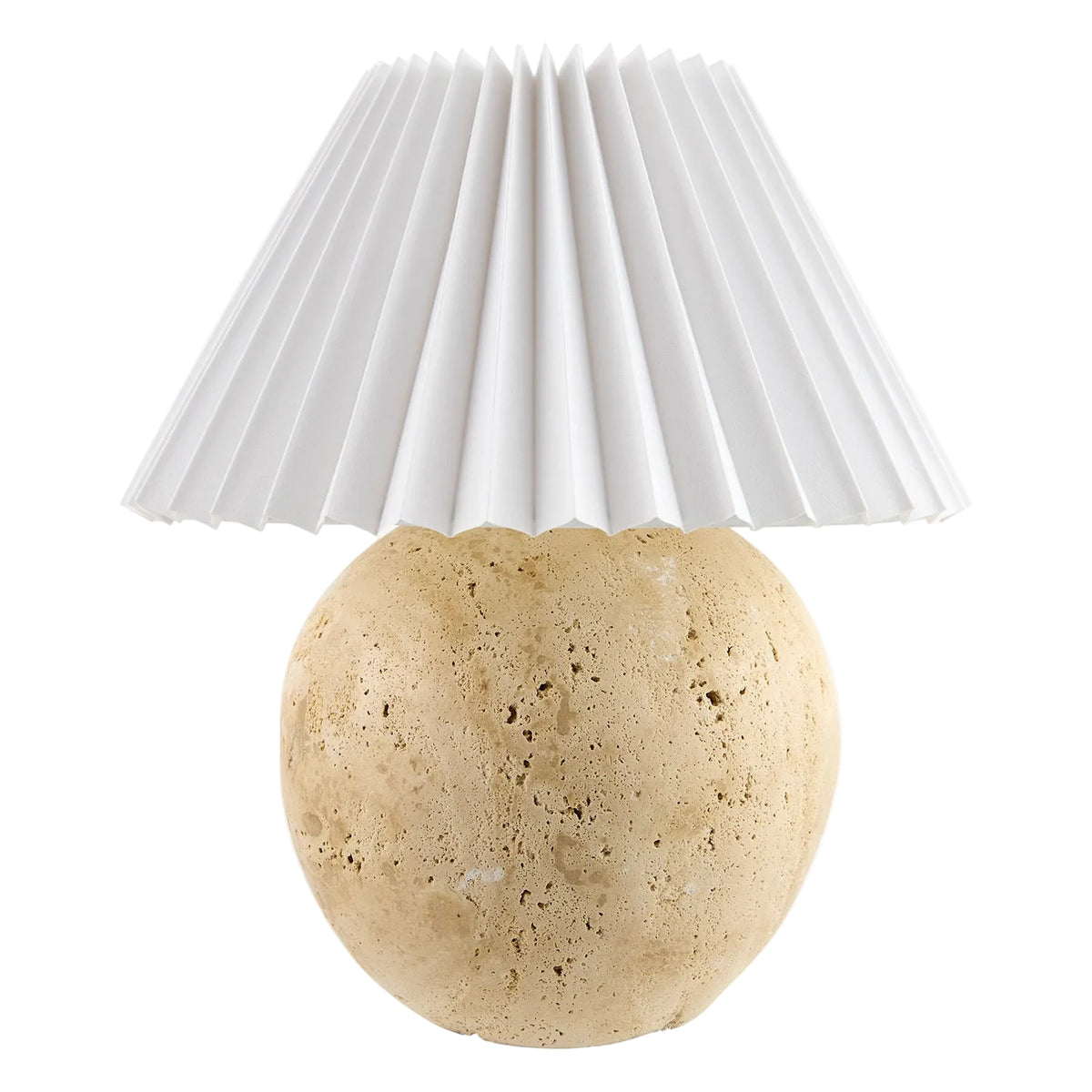Lamp with a textured beige base and white pleated shade on a white background