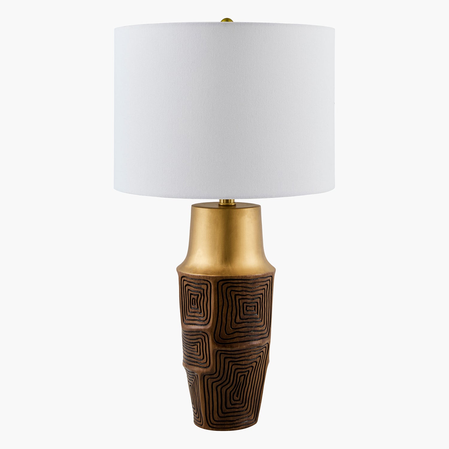 Table lamp with a brown textured base and gold accents on a white background
