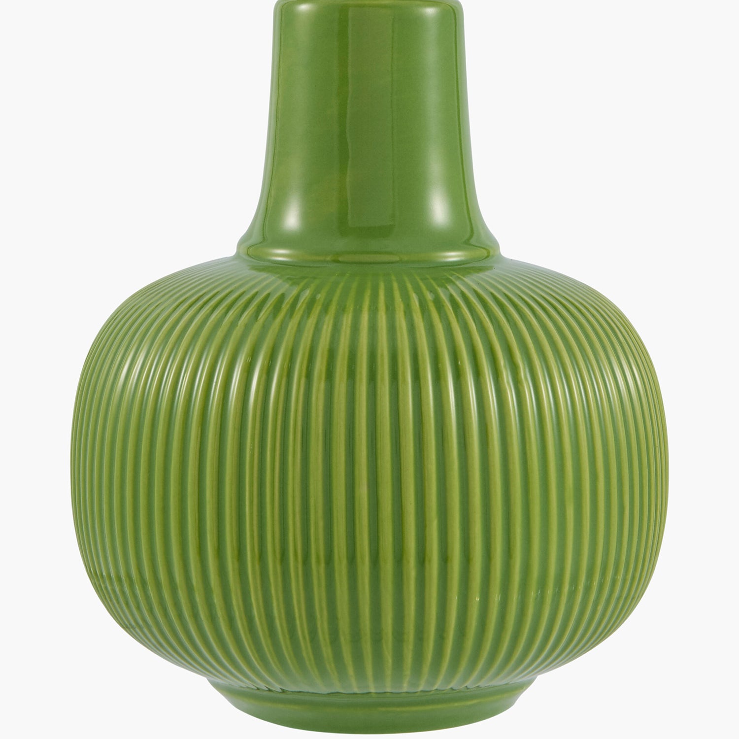 Green ribbed vase on a white background