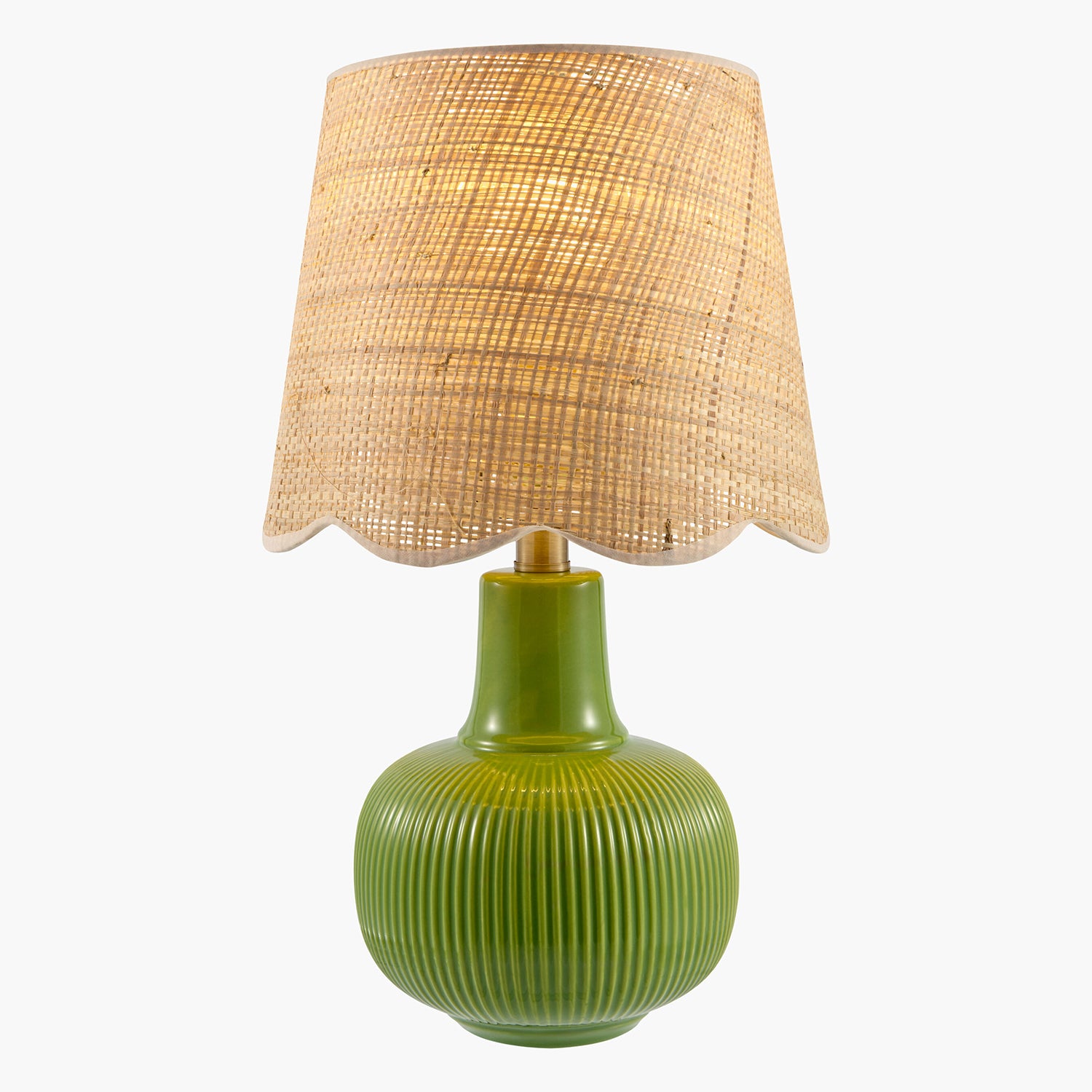 Green lamp with a wicker shade on a white background